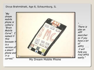 Divya Brahmbhatt, Age 8, Schaumburg, IL 
My Dream Mobile Phone 
“My 
dream 
mobile 
phone is 
called a 
“Brain 
Mobile 
Curve”. I 
named it 
this 
because it 
is a 
version of 
a smart 
phone and 
it is 
curved.” 
“ . . . 
There is 
also an 
APP 
searcher 
so if you 
have a lot 
of APPS 
. . . it will 
help you 
find APPS 
easily.” 
 