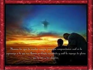 Ilumina los ojos de nuestro corazón para que comprendamos cuál es la
esperanza a la que nos llamas en Cristo resucitado y cuál la riqueza de gloria
que tú das a tus elegidos.
 