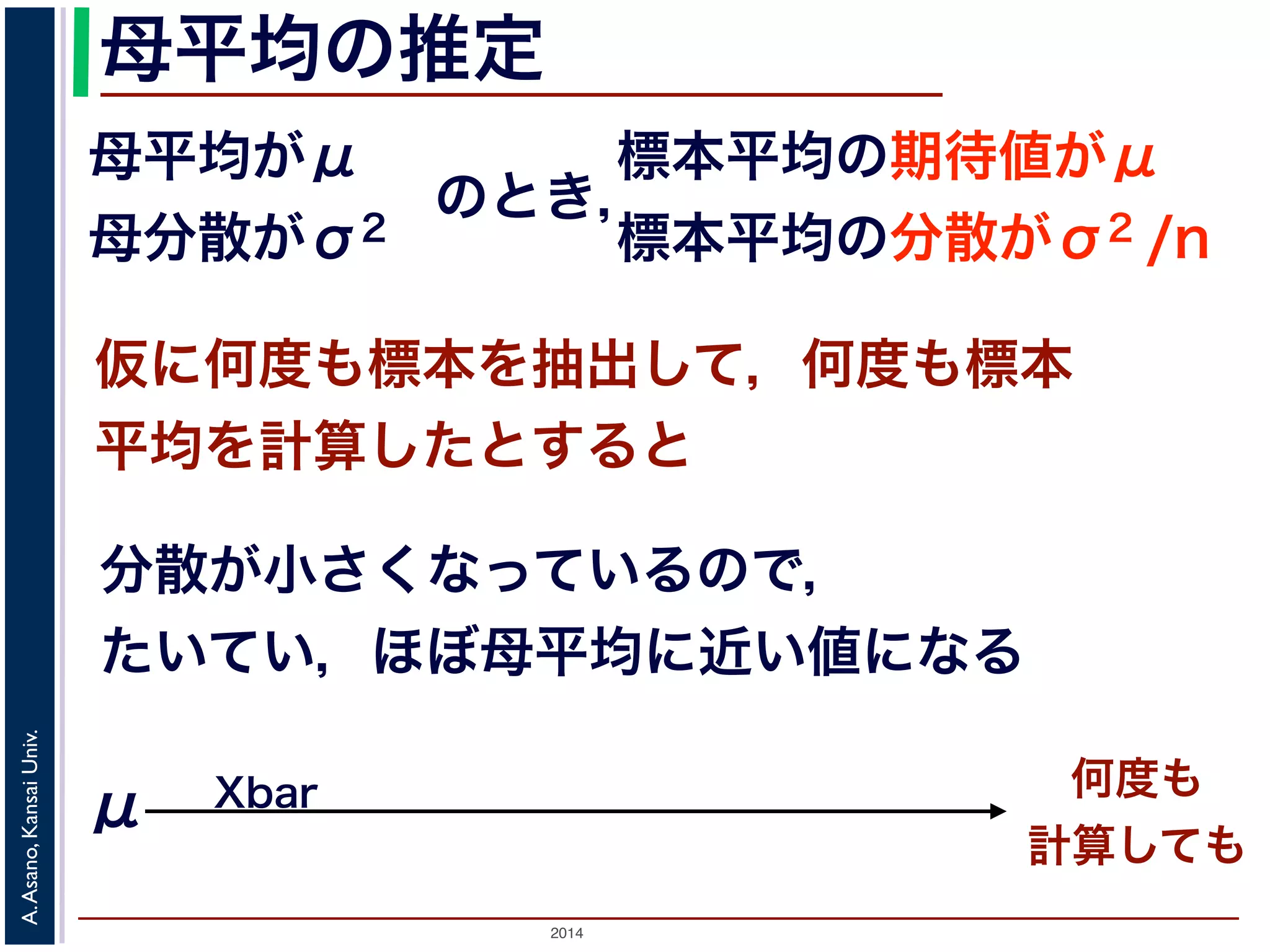母平均の推定 
母平均がμ 
母分散がσ2 のとき，標本平均の期待値がμ 
標本平均の分散がσ2 /n 
仮に何度も標本を抽出して，何度も標本 
平均を計算したとすると 
分散が小さくなっているので， 
たいてい，ほぼ母平均に近い値になる 
2014 A. Asano, Kansai Univ. 
何度も 
計算してもμ Xbar 
 