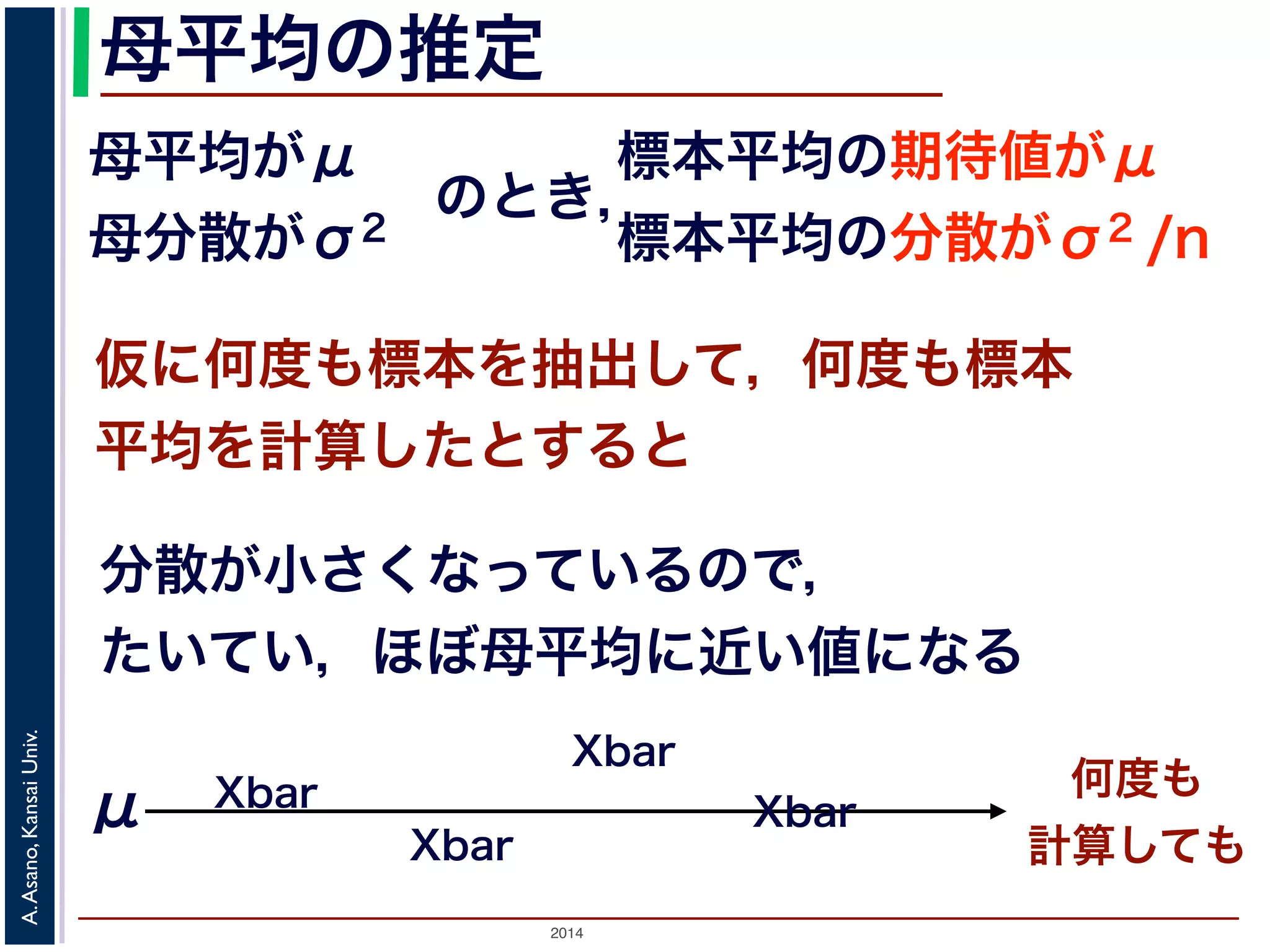 母平均の推定 
母平均がμ 
母分散がσ2 のとき，標本平均の期待値がμ 
標本平均の分散がσ2 /n 
仮に何度も標本を抽出して，何度も標本 
平均を計算したとすると 
分散が小さくなっているので， 
たいてい，ほぼ母平均に近い値になる 
2014 A. Asano, Kansai Univ. 
μ Xbar 
何度も 
Xbar 
計算してもXbar 
Xbar 
 