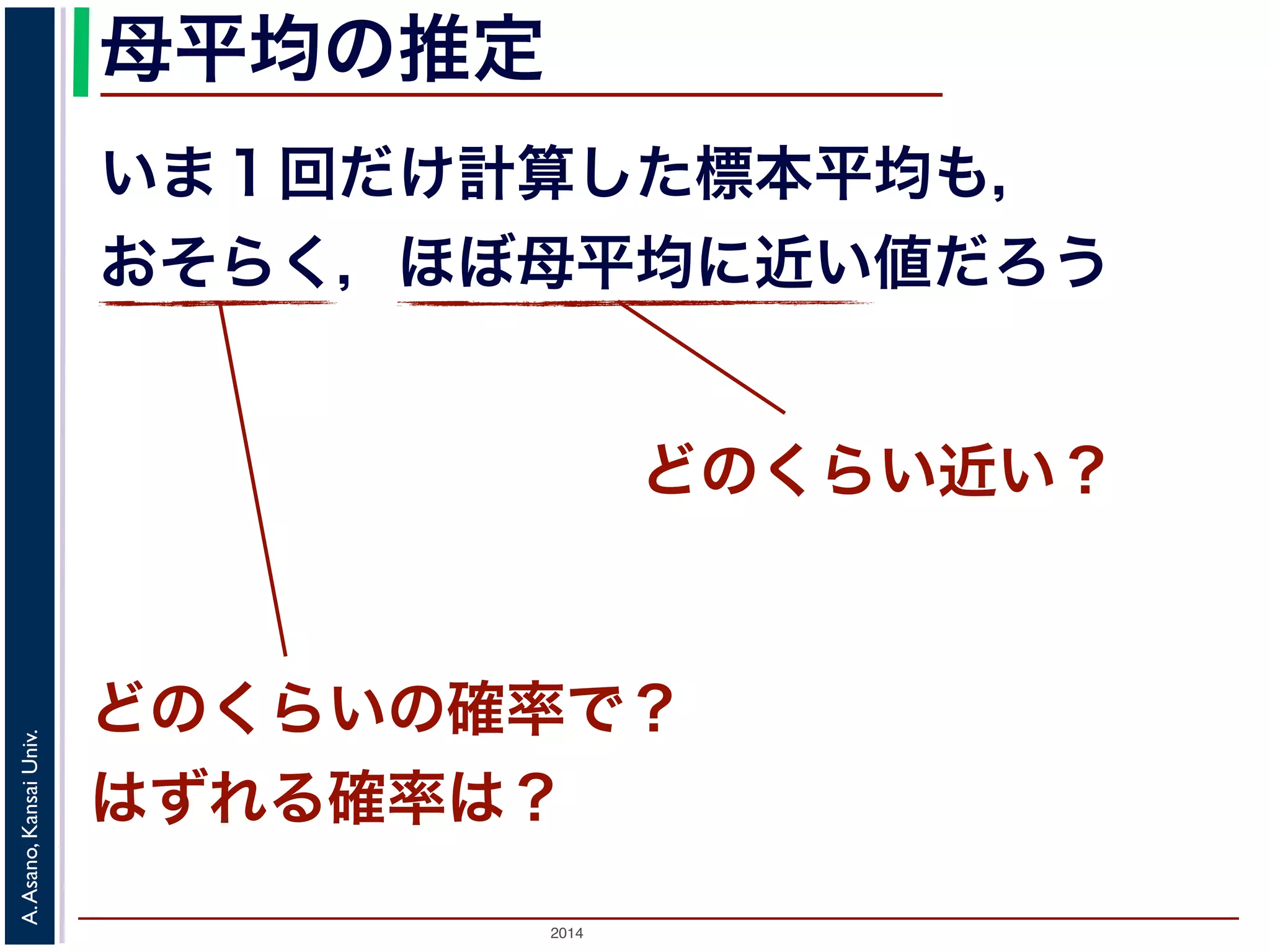 母平均の推定 
いま１回だけ計算した標本平均も， 
おそらく，ほぼ母平均に近い値だろう 
2014 A. Asano, Kansai Univ. 
どのくらい近い？ 
どのくらいの確率で？ 
はずれる確率は？ 
 