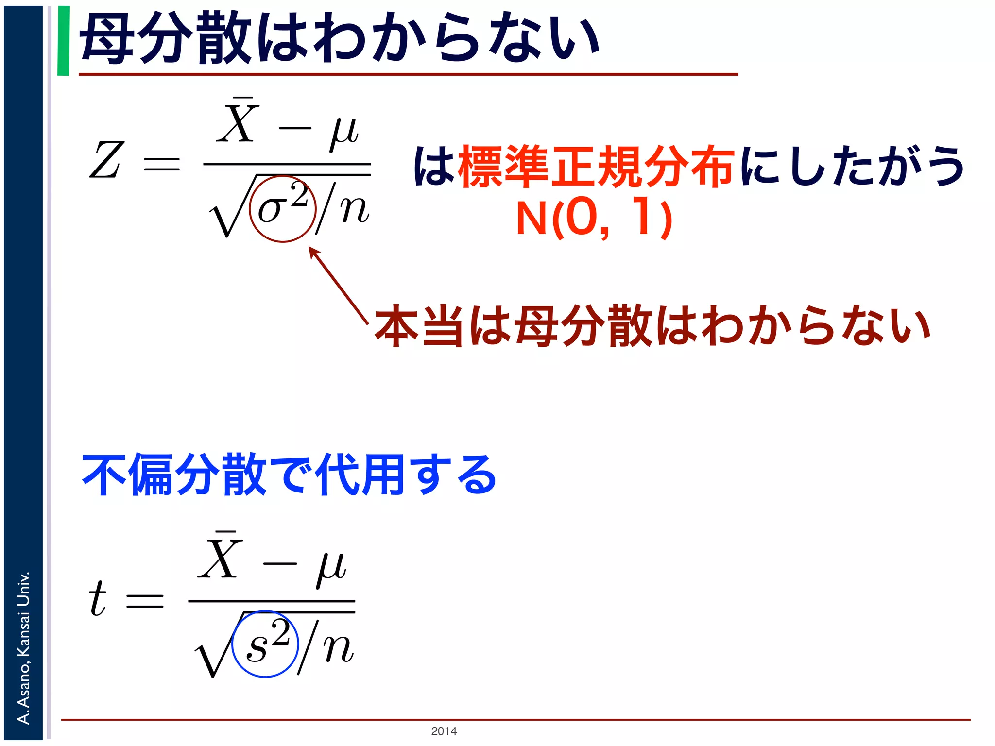 2014
A.Asano,KansaiUniv.
母分散はわからない
Z =
¯X − µ
σ2/n
で述べた「正規分布の性質１」から，Z は標準
である区間」はどういうものか考えてみまし
したように，Z がある区間に入る確率は，標
応する部分の面積になります。この部分の面積
ことにし，図 3(a) のように表します。このと
は標準正規分布にしたがう
N(0, 1)
本当は母分散はわからない
不偏分散で代用する
Z =
¯X − µ
σ2/n
したがうことを説明しました。これまでの例
ました。
ょう。このとき，(3) 式には µ と σ2 の２つ
，母分散 σ2 を，標本から計算される不偏分
t =
¯X − µ
s2/n
 