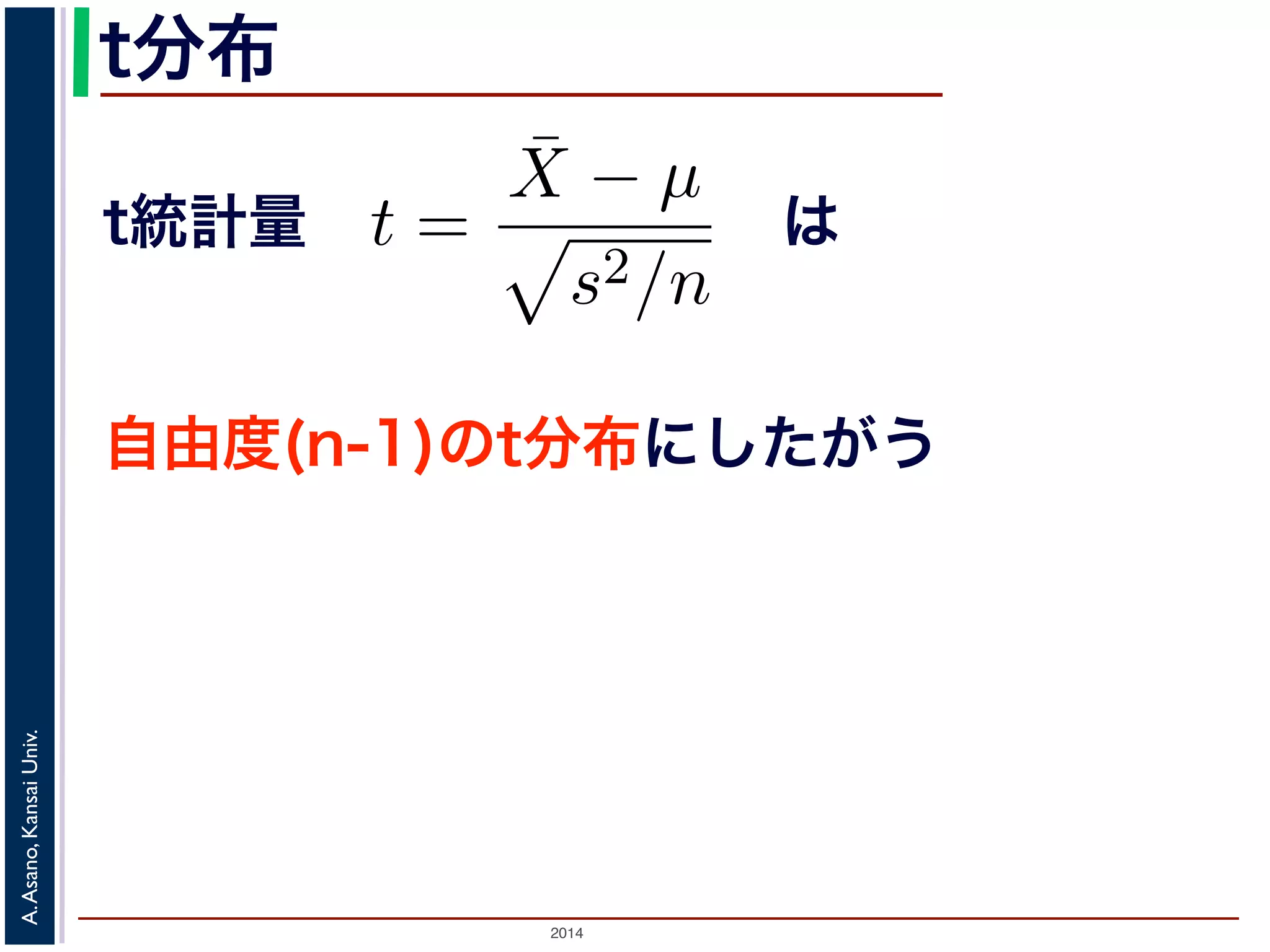 2014
A.Asano,KansaiUniv.
t分布
は
。そこで，母分散 σ2 を，標本から計算され
t =
¯X − µ
s2/n
t 統計量といいます。Z は標準正規分布にし
？
布は，標準正規分布ではなく，自由度 n − 1
れを t(n − 1) と書きます。t 分布の確率密度
右対称の形になっています。
自由度(n-1)のt分布にしたがう
t統計量
 