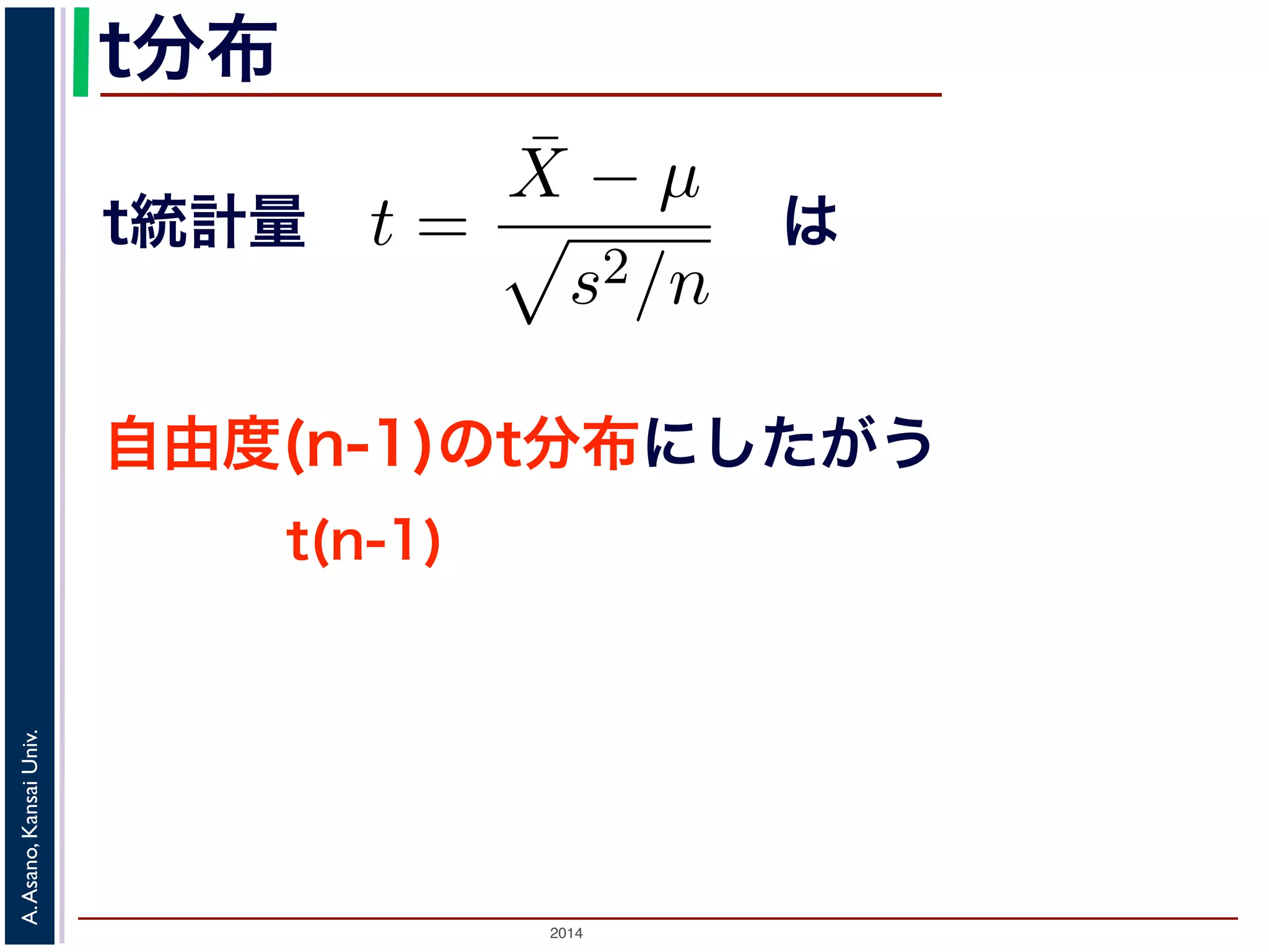 2014
A.Asano,KansaiUniv.
t分布
は
t(n-1)
。そこで，母分散 σ2 を，標本から計算され
t =
¯X − µ
s2/n
t 統計量といいます。Z は標準正規分布にし
？
布は，標準正規分布ではなく，自由度 n − 1
れを t(n − 1) と書きます。t 分布の確率密度
右対称の形になっています。
自由度(n-1)のt分布にしたがう
t統計量
 