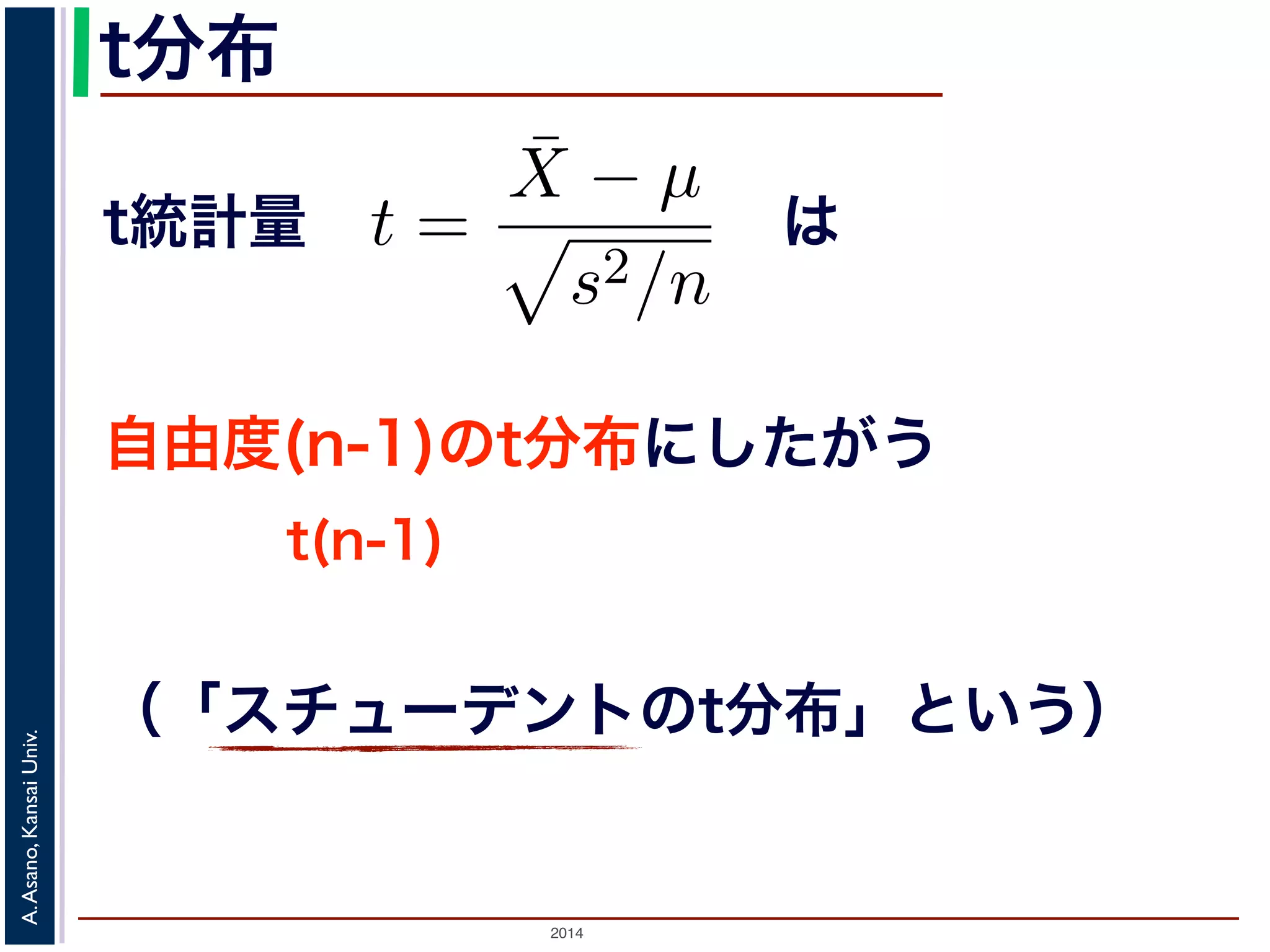 2014
A.Asano,KansaiUniv.
t分布
は
t(n-1)
。そこで，母分散 σ2 を，標本から計算され
t =
¯X − µ
s2/n
t 統計量といいます。Z は標準正規分布にし
？
布は，標準正規分布ではなく，自由度 n − 1
れを t(n − 1) と書きます。t 分布の確率密度
右対称の形になっています。
自由度(n-1)のt分布にしたがう
t統計量
（「スチューデントのt分布」という）
 