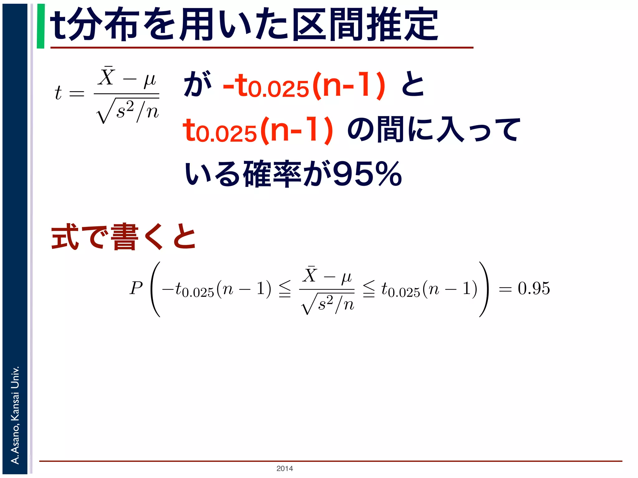 2014
A.Asano,KansaiUniv.
t分布を用いた区間推定
式で書くと
が -t0.025(n-1) と
t0.025(n-1) の間に入って
いる確率が95%
しょう。このとき，(3) 式には µ と σ2 の２つの未知の量がある
で，母分散 σ2 を，標本から計算される不偏分散 s2 でおきかえた
t =
¯X − µ
s2/n
(4)
量といいます。Z は標準正規分布にしたがいますが，t はどのよ
標準正規分布ではなく，自由度 n − 1 の t 分布（スチューデント
n − 1) と書きます。t 分布の確率密度関数は標準正規分布とよく
の形になっています。
合でも，標準正規分布の場合と同様に母平均の信頼区間を求める
ましょう。
であるとします。この試験の受験者から 10 人の標本を無
を平均したところ 50 点で，またこの 10 人の点数の不偏分
t
0 t0.025(n –1)–t0.025(n –1)
tが入る確率95%の区間
図 2: t 分布と区間推定
あるような値」とすると
P −t0.025(n − 1)
¯X − µ
s2/n
t0.025(n − 1) = 0.95
立ちます（図 2）。この式から，
P ¯X − t0.025(n − 1)
s2
n
µ ¯X + t0.025(n − 1)
s2
n
= 0.95
ますから，µ の 95%信頼区間は (6) 式のかっこ内の範囲となります。
 