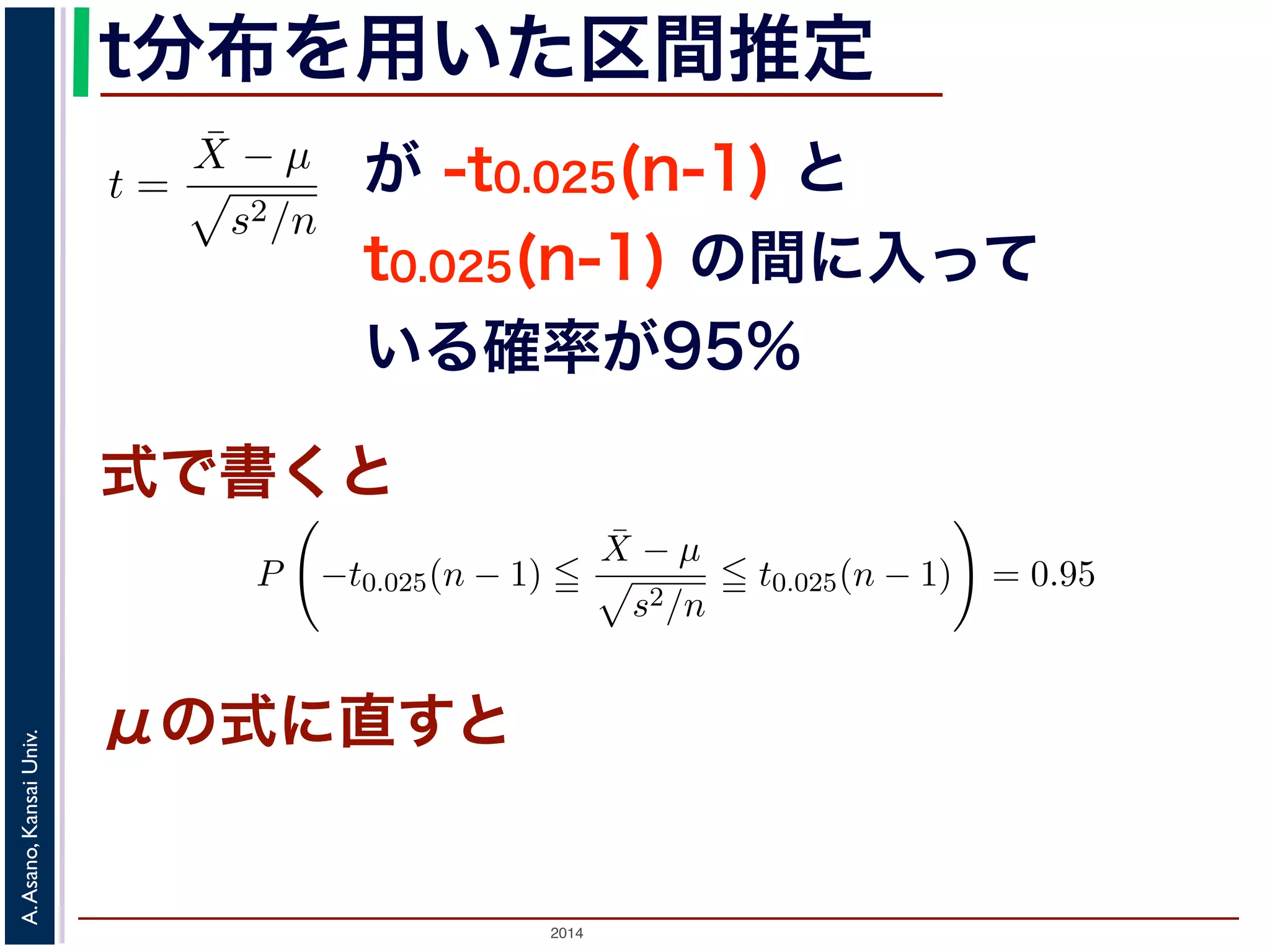 2014
A.Asano,KansaiUniv.
t分布を用いた区間推定
式で書くと
が -t0.025(n-1) と
t0.025(n-1) の間に入って
いる確率が95%
μの式に直すと
しょう。このとき，(3) 式には µ と σ2 の２つの未知の量がある
で，母分散 σ2 を，標本から計算される不偏分散 s2 でおきかえた
t =
¯X − µ
s2/n
(4)
量といいます。Z は標準正規分布にしたがいますが，t はどのよ
標準正規分布ではなく，自由度 n − 1 の t 分布（スチューデント
n − 1) と書きます。t 分布の確率密度関数は標準正規分布とよく
の形になっています。
合でも，標準正規分布の場合と同様に母平均の信頼区間を求める
ましょう。
であるとします。この試験の受験者から 10 人の標本を無
を平均したところ 50 点で，またこの 10 人の点数の不偏分
t
0 t0.025(n –1)–t0.025(n –1)
tが入る確率95%の区間
図 2: t 分布と区間推定
あるような値」とすると
P −t0.025(n − 1)
¯X − µ
s2/n
t0.025(n − 1) = 0.95
立ちます（図 2）。この式から，
P ¯X − t0.025(n − 1)
s2
n
µ ¯X + t0.025(n − 1)
s2
n
= 0.95
ますから，µ の 95%信頼区間は (6) 式のかっこ内の範囲となります。
 