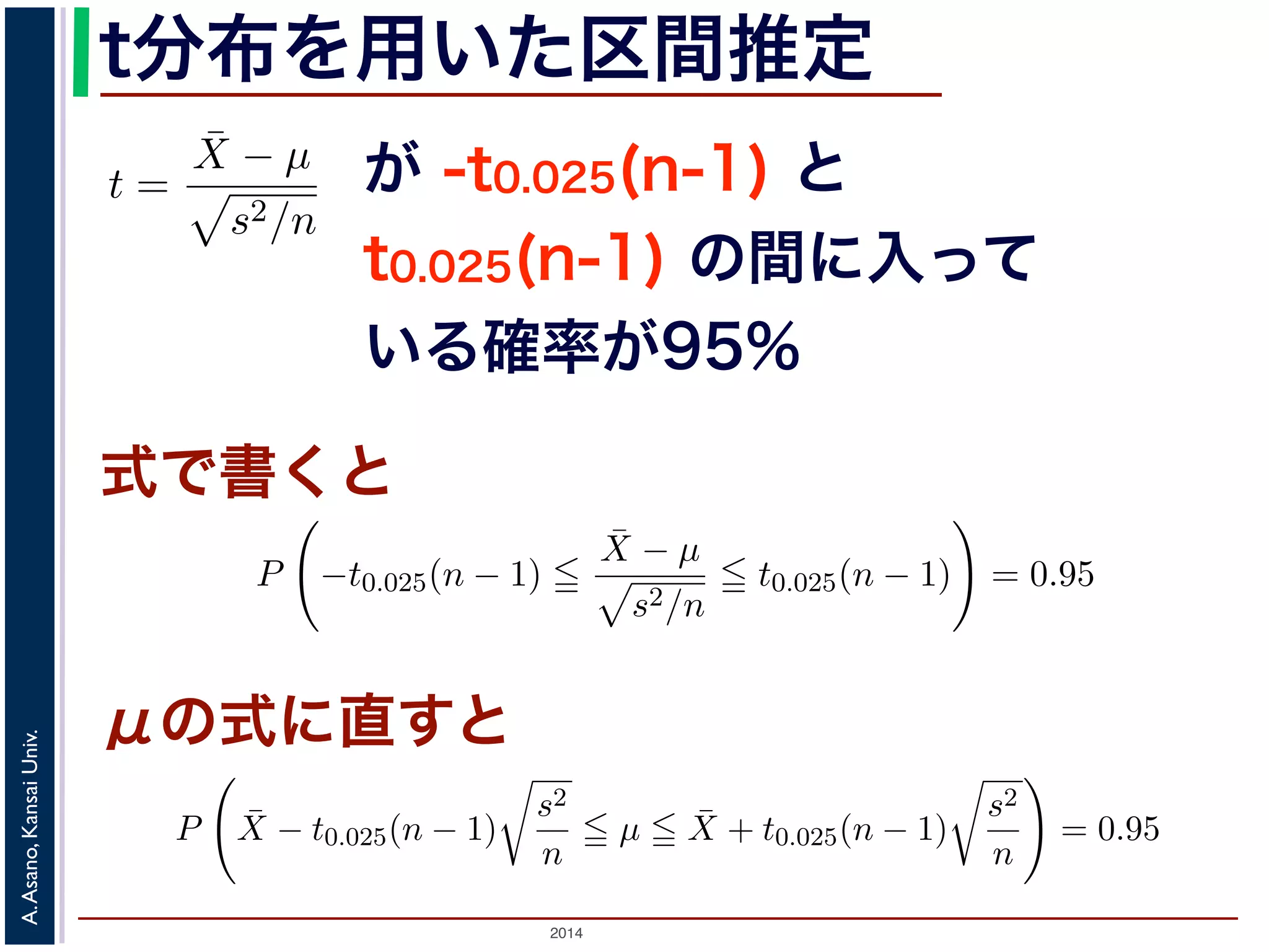 2014
A.Asano,KansaiUniv.
t分布を用いた区間推定
式で書くと
が -t0.025(n-1) と
t0.025(n-1) の間に入って
いる確率が95%
μの式に直すと
しょう。このとき，(3) 式には µ と σ2 の２つの未知の量がある
で，母分散 σ2 を，標本から計算される不偏分散 s2 でおきかえた
t =
¯X − µ
s2/n
(4)
量といいます。Z は標準正規分布にしたがいますが，t はどのよ
標準正規分布ではなく，自由度 n − 1 の t 分布（スチューデント
n − 1) と書きます。t 分布の確率密度関数は標準正規分布とよく
の形になっています。
合でも，標準正規分布の場合と同様に母平均の信頼区間を求める
ましょう。
であるとします。この試験の受験者から 10 人の標本を無
を平均したところ 50 点で，またこの 10 人の点数の不偏分
t
0 t0.025(n –1)–t0.025(n –1)
tが入る確率95%の区間
図 2: t 分布と区間推定
あるような値」とすると
P −t0.025(n − 1)
¯X − µ
s2/n
t0.025(n − 1) = 0.95
立ちます（図 2）。この式から，
P ¯X − t0.025(n − 1)
s2
n
µ ¯X + t0.025(n − 1)
s2
n
= 0.95
ますから，µ の 95%信頼区間は (6) 式のかっこ内の範囲となります。
t
0 t0.025
(n –1)–t0.025
(n –1)
0.025P(t ≤ –t0.025(n –1)) = 0.025
tが入る確率95%の区間
図 2: t 分布と区間推定
であるような値」とすると
P −t0.025(n − 1)
¯X − µ
s2/n
t0.025(n − 1) = 0.95
立ちます（図 2）。この式から，
P ¯X − t0.025(n − 1)
s2
n
µ ¯X + t0.025(n − 1)
s2
n
= 0.95
 