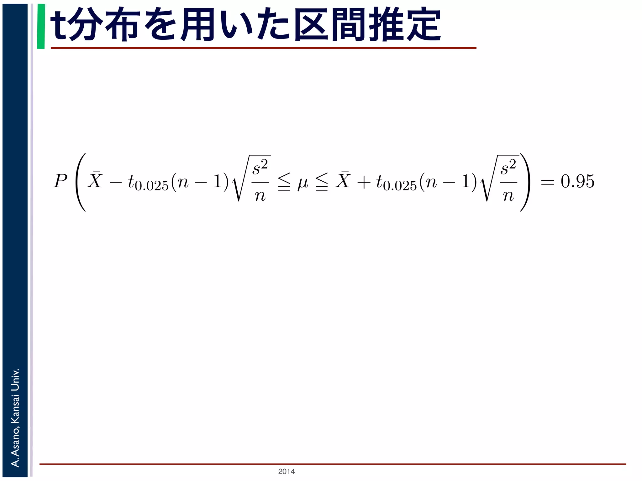2014
A.Asano,KansaiUniv.
t分布を用いた区間推定
ような値」とすると
P −t0.025(n − 1)
¯X − µ
s2/n
t0.025(n − 1) = 0.95
ます（図 2）。この式から，
P ¯X − t0.025(n − 1)
s2
n
µ ¯X + t0.025(n − 1)
s2
n
= 0.95
から，µ の 95%信頼区間は (6) 式のかっこ内の範囲となります。
なわち自由度 ν の 100α パーセント点の値を知るには，一緒に配布した数表（t
ができます。数表では，各自由度 ν（縦軸）と定数 α（横軸）に対して，tα(ν) が
読むことで求められます。この問題の場合，標本平均 ¯X = 50，不偏分散 s2 = 2
− 1) = 2.262 ですから，µ の 95%信頼区間は「46.4（点）以上 53.6（点）以下」
のように，母分散が 25 とわかっているときには，µ の 95%信頼区間は「46.9（点
でしたから，今回の場合の方が信頼区間が広くなっています。信頼区間が広い
不確かであることを意味しています。これは，不偏分散は母分散そのものではな
 