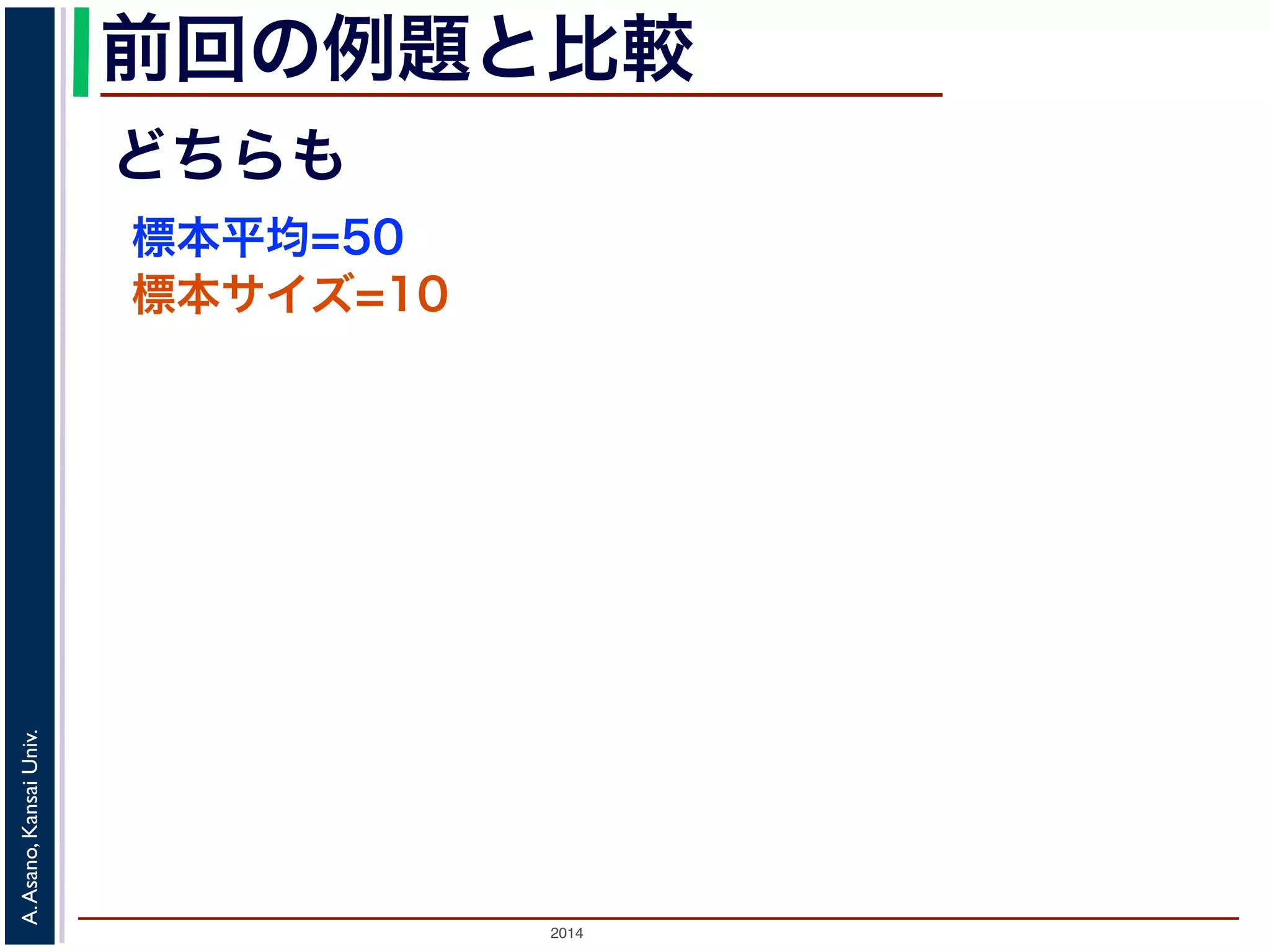 2014
A.Asano,KansaiUniv.
前回の例題と比較
どちらも
標本平均=50
標本サイズ=10
 