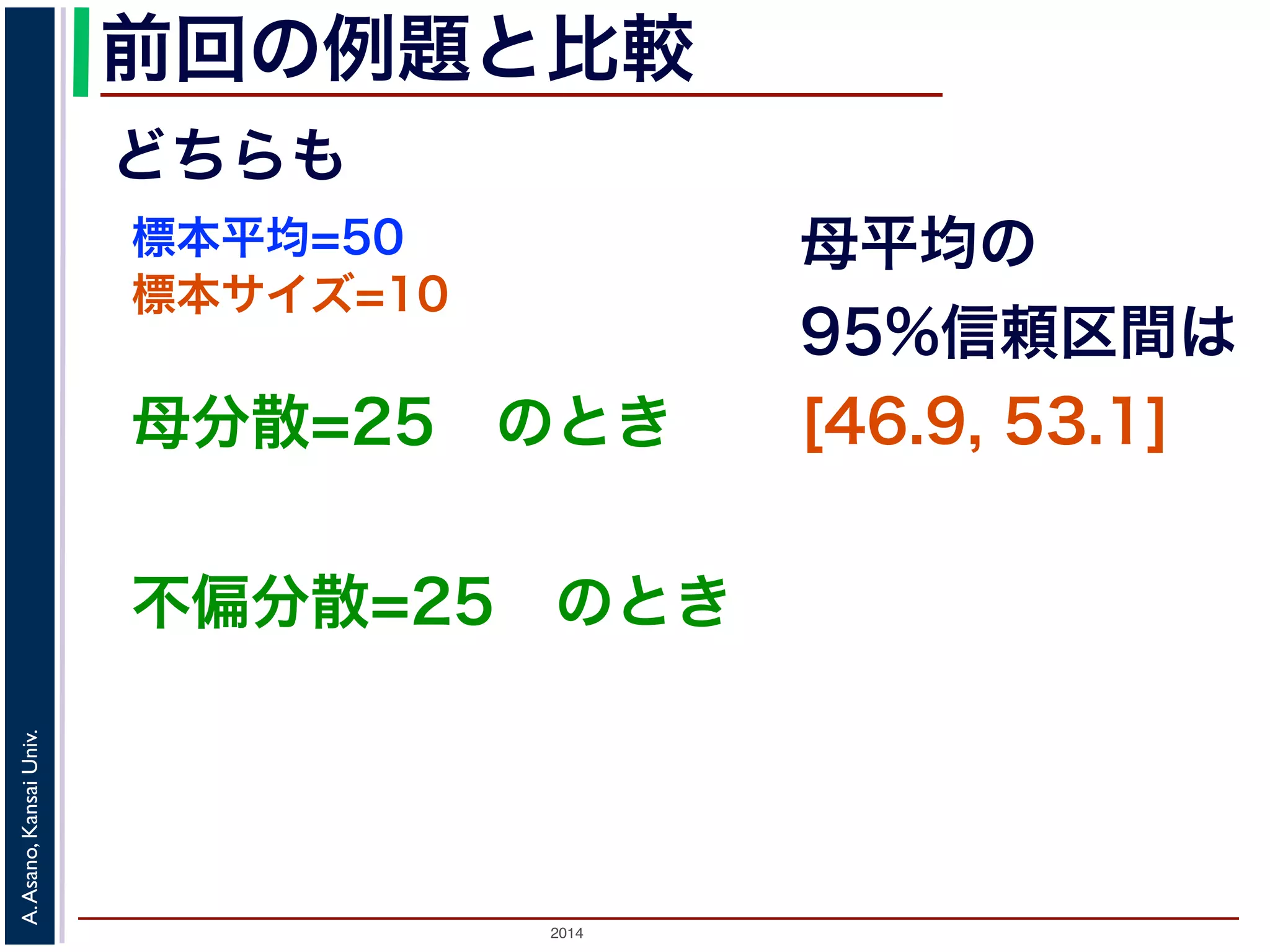2014
A.Asano,KansaiUniv.
前回の例題と比較
どちらも
標本平均=50
不偏分散=25 のとき
標本サイズ=10
母分散=25 のとき
母平均の
95%信頼区間は
[46.9, 53.1]
 