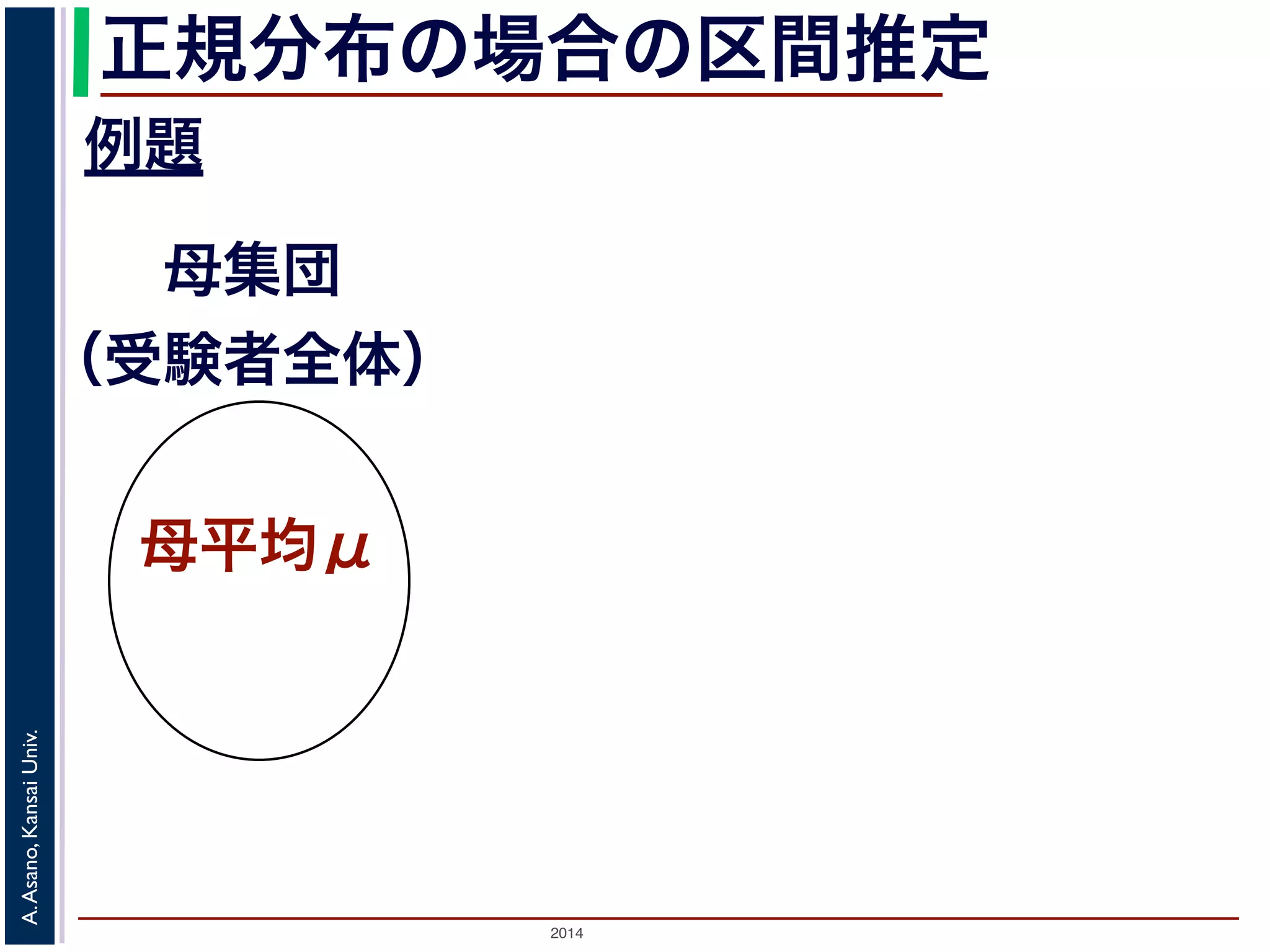 2014
A.Asano,KansaiUniv.
正規分布の場合の区間推定
例題
母集団
（受験者全体）
母平均μ
 