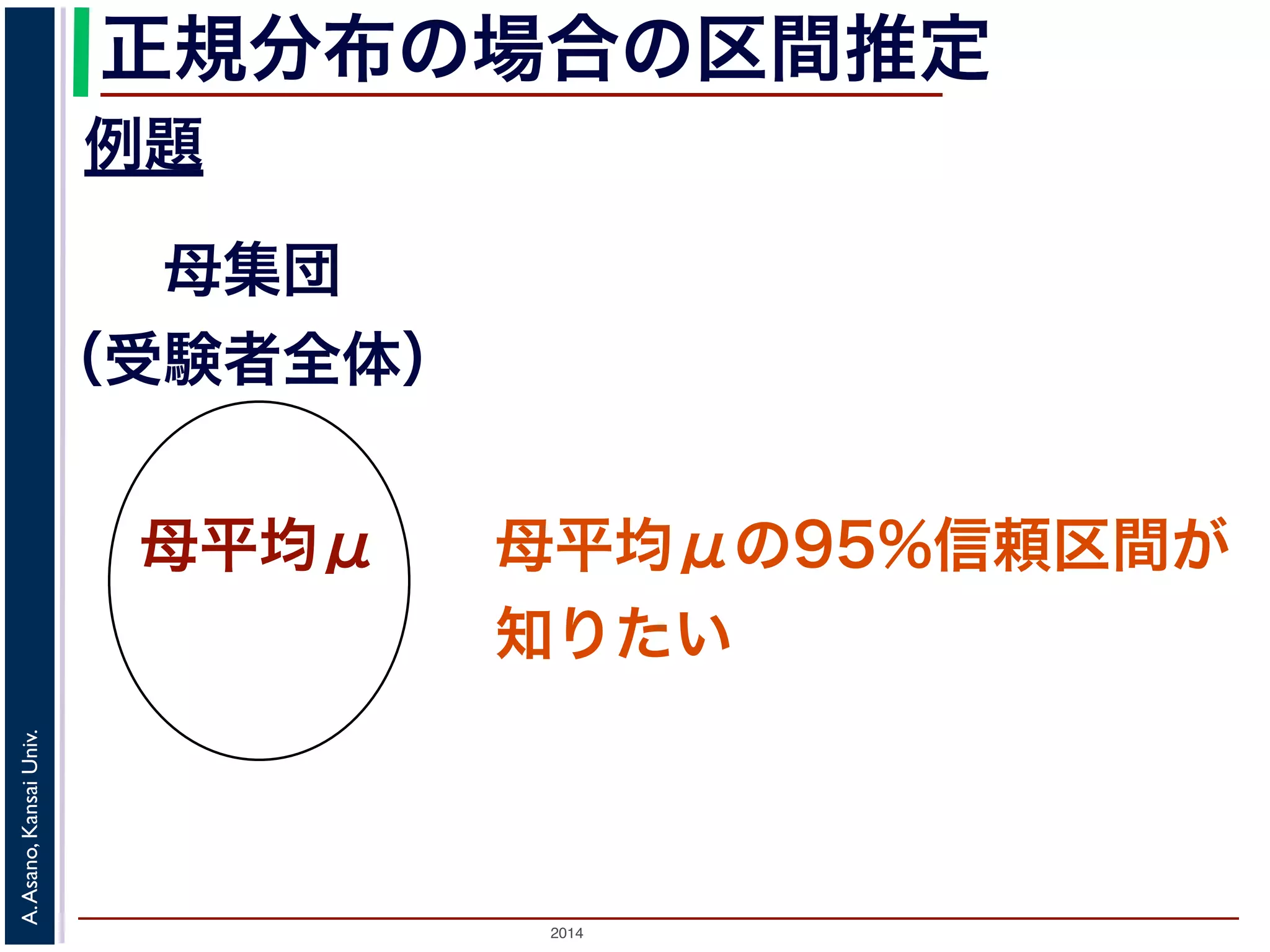 2014
A.Asano,KansaiUniv.
正規分布の場合の区間推定
例題
母集団
（受験者全体）
母平均μ 母平均μの95%信頼区間が
知りたい
 