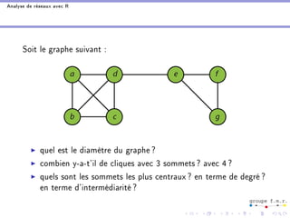 Analyse de réseaux avec R 
Soit le graphe suivant : 
I quel est le diamètre du graphe ? 
I combien y-a-t'il de cliques ave...