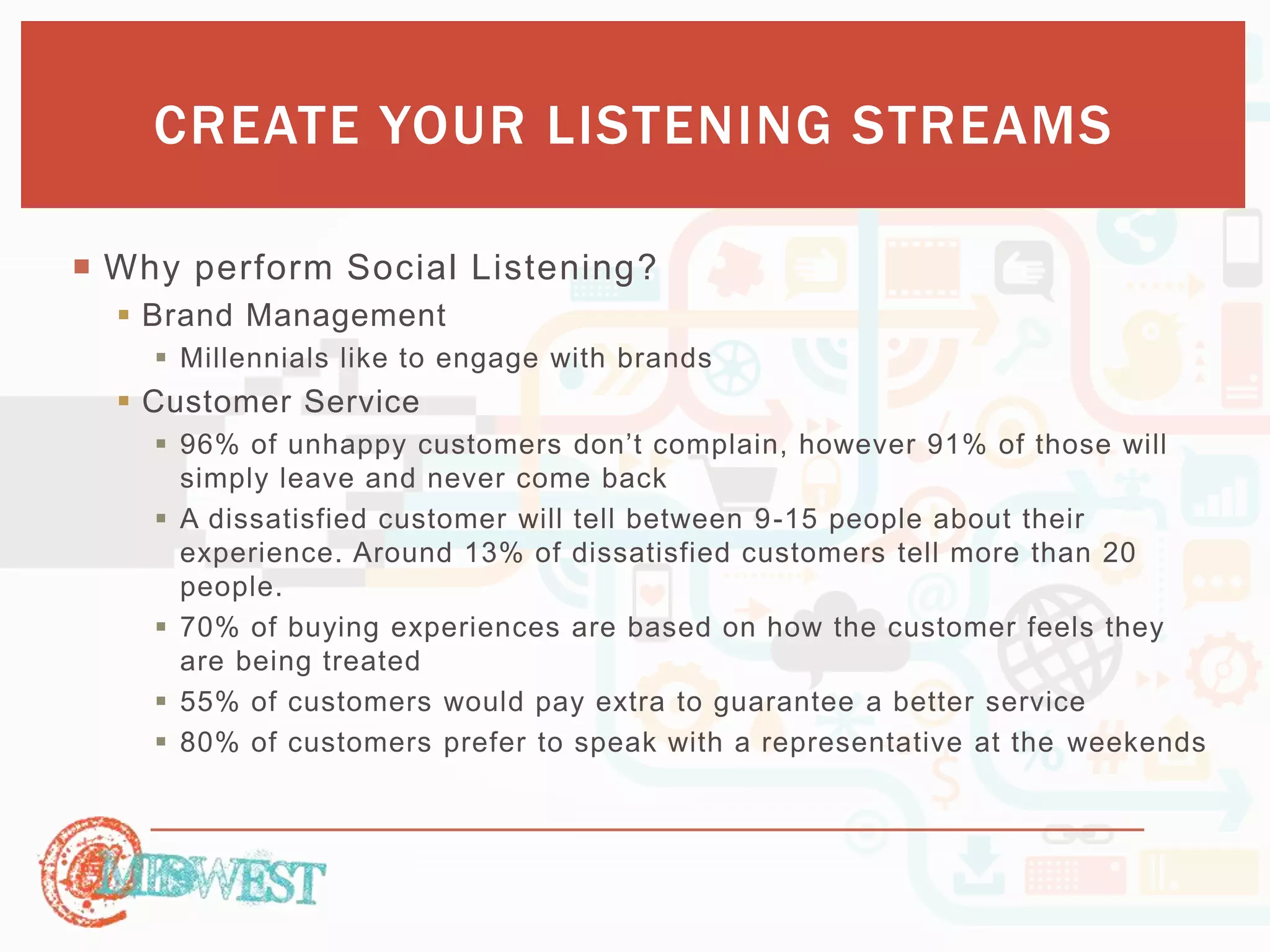CREATE YOUR LISTENING STREAMS 
 Why perform Social Listening? 
 Brand Management 
 Millennials like to engage with brands 
 Customer Service 
 96% of unhappy customers don’t complain, however 91% of those will 
simply leave and never come back 
 A dissatisfied customer will tell between 9-15 people about their 
experience. Around 13% of dissatisfied customers tell more than 20 
people. 
 70% of buying experiences are based on how the customer feels they 
are being treated 
 55% of customers would pay extra to guarantee a better service 
 80% of customers prefer to speak with a representative at the weekends 
 