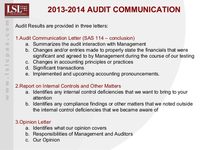 114 management letter sas and Financial LSL Audit Analysis Results 2014