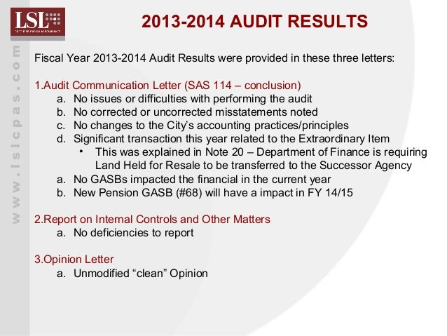 letter management sas 114 Financial LSL and Audit Analysis 2014 Results letter management sas 114 Financial LSL and Audit Analysis 2014 Results