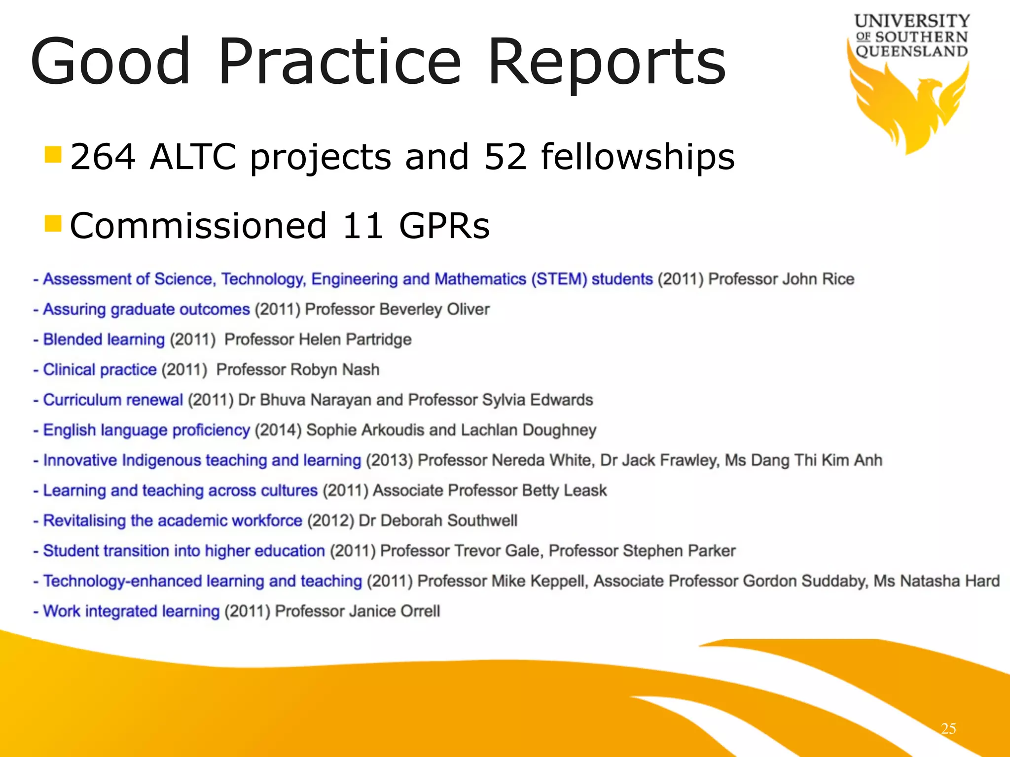 25
n 264 ALTC projects and 52 fellowships
n Commissioned 11 GPRs
Good Practice Reports
 