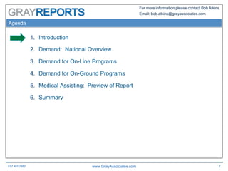 617.401.7662 www.GrayAssociates.com 2
GRAY
For more information please contact Bob Atkins.
Email: bob.atkins@grayassociates.com
Agenda
1.  Introduction
2.  Demand: National Overview
3.  Demand for On-Line Programs
4.  Demand for On-Ground Programs
5.  Medical Assisting: Preview of Report
6.  Summary
 