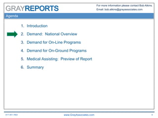 617.401.7662 www.GrayAssociates.com 6
GRAY
For more information please contact Bob Atkins.
Email: bob.atkins@grayassociates.com
Agenda
1.  Introduction
2.  Demand: National Overview
3.  Demand for On-Line Programs
4.  Demand for On-Ground Programs
5.  Medical Assisting: Preview of Report
6.  Summary
 
