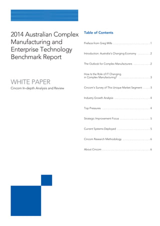 2014 Australian Complex
Manufacturing and
Enterprise Technology
Benchmark Report

Table of Contents
Preface from Greg Mills . . . . . . . . . . . . . . . . . . . . . . . . . . . 1
Introduction: Australia’s Changing Economy . . . . . . . . . 2
The Outlook for Complex Manufacturers . . . . . . . . . . . . 2

WHITE PAPER

Cincom In-depth Analysis and Review

How Is the Role of IT Changing
in Complex Manufacturing? . . . . . . . . . . . . . . . . . . . . . . . 3
Cincom’s Survey of This Unique Market Segment . . . . . 3
Industry Growth Analysis . . . . . . . . . . . . . . . . . . . . . . . . . . 4
Top Pressures . . . . . . . . . . . . . . . . . . . . . . . . . . . . . . . . . . . 4
Strategic Improvement Focus . . . . . . . . . . . . . . . . . . . . . . 5
Current Systems Deployed . . . . . . . . . . . . . . . . . . . . . . . . 5
Cincom Research Methodology . . . . . . . . . . . . . . . . . . . . 6
About Cincom . . . . . . . . . . . . . . . . . . . . . . . . . . . . . . . . . . . 6

 