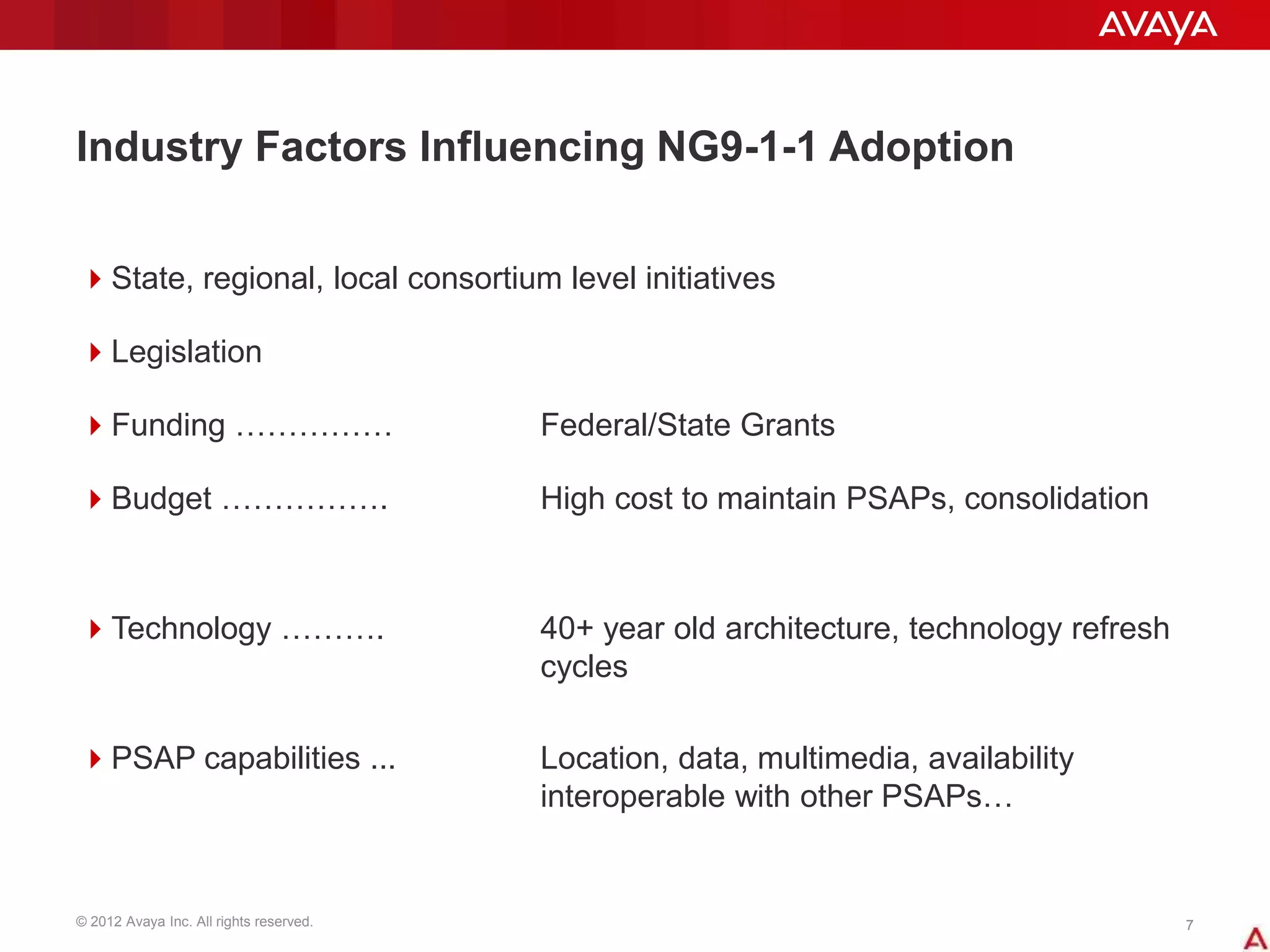 © 2012 Avaya Inc. All rights reserved. 77
Industry Factors Influencing NG9-1-1 Adoption
State, regional, local consortium level initiatives
Legislation
Funding …………… Federal/State Grants
Budget ……………. High cost to maintain PSAPs, consolidation
Technology ………. 40+ year old architecture, technology refresh
cycles
PSAP capabilities ... Location, data, multimedia, availability
interoperable with other PSAPs…
 