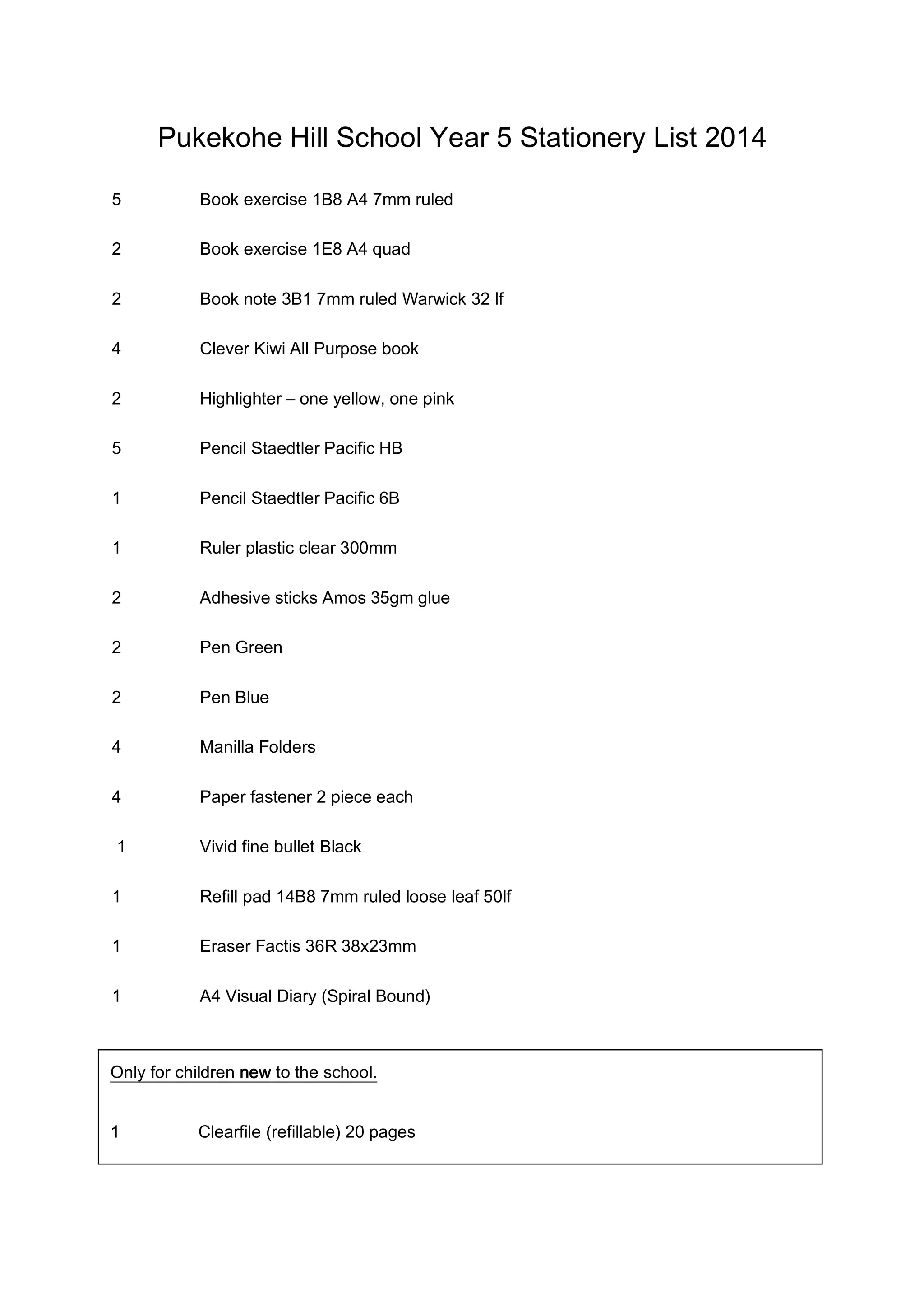 2014 Basic Stationery List Yr 5 PDF