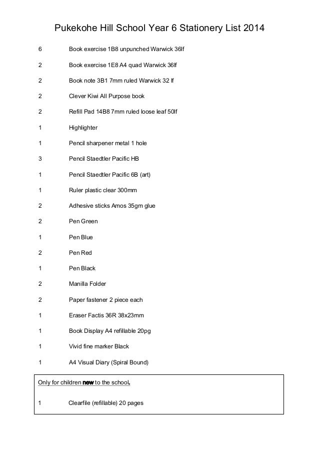 2014 Basic Stationery List Yr 6