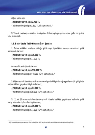 BASİT USULE TABİ MÜKELLEFLER İÇİN VERGİ REHBERİ

diğer yerlerde;
- 2013 takvim yılı için 3.700 TL
- 2014 takvim yılı için 3.800 TL’yi aşmaması.*
3. Ticari, zirai veya mesleki faaliyetler dolayısıyla gerçek usulde gelir vergisine
tabi olmamak.
1.2. Basit Usule Tabi Olmanın Özel Şartları
1. Satın aldıkları malları olduğu gibi veya işledikten sonra satanların yıllık
alımları tutarının;
- 2013 takvim yılı için 75.000 TL
- 2014 takvim yılı için 77.000 TL
veya yıllık satışları tutarının
- 2013 takvim yılı için 110.000 TL
- 2014 takvim yılı için 110.000 TL’yi aşmaması.*
2. (1) numaralı bentte yazılı olanların dışındaki işlerle uğraşanların bir yıl içinde
elde ettikleri gayri safi iş hâsılatının;
- 2013 takvim yılı için 37.000 TL
- 2014 takvim yılı için 38.000 TL’yi aşmaması.*
3. (1) ve (2) numaralı bentlerde yazılı işlerin birlikte yapılması halinde, yıllık
satış tutarı ile iş hasılatı toplamının;
- 2013 takvim yılı için 75.000 TL
- 2014 takvim yılı için 77.000 TL’yi aşmaması.*

* 2014 yılında beyanname verecek olan mükellefler 2013 takvim yılı için geçerli olan tutarları esas alacaklardır.

3

 