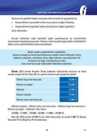BASİT USULE TABİ MÜKELLEFLER İÇİN VERGİ REHBERİ

Kazancın bu şekilde tespiti sırasında emtia ticareti ile uğraşanlarca;
●●

Hesap dönemi sonundaki emtia mevcudunun değeri hâsılata,

●●

Hesap dönemi başındaki emtia mevcudunun değeri giderlere

ilave edilecektir.
Ancak, kullanılan sabit kıymetler gider yazılmayacak ve üzerlerinden
amortisman hesaplanmayacaktır. Kazancı basit usulde tespit edilen mükelleflerin
defter tutma yükümlülükleri bulunmamaktadır.
Basit usulde vergilendirilen mükellefler,
kazancın tespiti ve Vergi Usul Kanununun defter tutma hükümleri hariç;
bildirme, vesikalar, muhafaza, ibraz, diğer ödevler, ceza hükümleri ile
bu Kanun ve diğer kanunlarda yer alan
ikinci sınıf tüccarlar hakkındaki hükümlere tabidirler.
Örnek: 2013 yılında Kırşehir İlinde bakkallık faaliyetinde bulunan ve basit
usulde vergilendirilen Bay (G)’nin işletme hesabı özeti aşağıdaki gibidir:
Dönem başı mal mevcudu

18.000 TL

Dönem içi alışlar

32.000 TL

Giderler

17.000 TL

Dönem hasılatı

74.000 TL

Dönem sonu mal mevcudu

17.000 TL

(Dönem hasılatı + Dönem sonu mal mevcudu) – (Dönem başı mal mevcudu +
Dönem içi alışlar + Giderler)= Kar/ Zarar
(74.000 + 17.000) – (18.000 + 32.000 + 17.000) = 24.000 TL
Bay (G), 2013 yılında 24.000 TL kar elde etmiş olup, yıl içinde 4.900 TL Sosyal
Güvenlik Primi (Bağ-Kur Primi) ödemiştir.

11

 