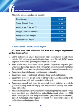 GELİR İDARASİ BAŞKANLIĞI

Mükellefin beyanı aşağıdaki gibi olacaktır.
Ticari Kazanç
Sosyal Güvenlik Primi

24.000 TL
4.900 TL

Kalan (24.000 TL - 4.900 TL)

19.100 TL

Vergiye Tabi Gelir (Matrah)

19.100 TL

Hesaplanan Gelir Vergisi

3.285 TL

Ödenecek Gelir Vergisi

3.285 TL

2. Basit Usulde Ticari Kazancın Beyanı
2.1. Basit Usule Tabi Mükellefler İçin Yıllık Gelir Vergisi Beyannamesi
Verilme Zamanı ve Yeri
●●

●●

●●
●●
●●
●●

●●

12

Gelirin sadece basit usulde tespit edilen ticari kazançlardan ibaret olması
halinde, 2013 yılı kazançlarına ilişkin yıllık beyanname 2014 yılı ŞUBAT ayının
başından yirmibeşinci günü akşamına kadar verilecektir.
Basit usulde tespit edilen ticari kazanç yanında beyana tabi başka bir gelir
unsurunun bulunması halinde, 2013 yılı kazançlarına ilişkin yıllık beyanname
2014 yılı MART ayının başından yirmibeşinci günü akşamına kadar verilecektir.
Beyanname, kayıtlı bulunulan vergi dairesine verilecektir.
Beyanname elden verilebileceği gibi posta ile de gönderilebilecektir.
Beyanname taahhütlü olarak posta ile gönderildiğinde, postaya veriliş tarihi
beyannamenin verildiği tarih olarak kabul edilecektir.
Beyanname normal (adi) posta ile veya özel dağıtım şirketleri aracılığıyla
gönderilirse, vergi dairesine ulaştığı tarih beyannamenin verildiği tarih olarak
kabul edilecektir.
Mükellefler beyannamelerini, elektronik beyanname gönderme aracılık yetkisi
almış olan, basit usul mükelleflerinin bağlı olduğu meslek odaları veya 3568
sayılı Kanun uyarınca yetki almış olup bağımsız çalışan serbest muhasebeci,
serbest muhasebeci mali müşavir ve yeminli mali müşavirler aracılığı ile
elektronik ortamda gönderebilirler.

 