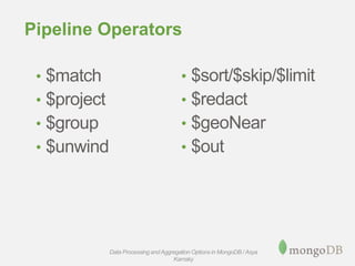 Pipeline Operators
• $match
• $project
• $group
• $unwind
• $sort/$skip/$limit
• $redact
• $geoNear
• $out
Data Processing andAggregation Options in MongoDB / Asya
Kamsky
 