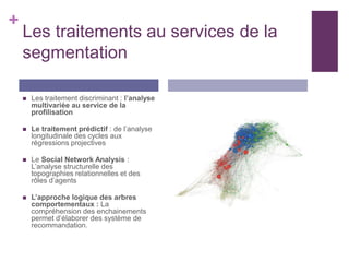 +
Les traitements au services de la
segmentation
 Les traitement discriminant : l’analyse
multivariée au service de la
profilisation
 Le traitement prédictif : de l’analyse
longitudinale des cycles aux
régressions projectives
 Le Social Network Analysis :
L’analyse structurelle des
topographies relationnelles et des
rôles d’agents
 L’approche logique des arbres
comportementaux : La
compréhension des enchainements
permet d’élaborer des système de
recommandation.
 