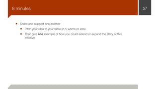 Share and support one another
Pitch your idea to your table (in 5 words or less)
Then give one example of how you could extend or expand the story of this
initiative
578 minutes
 