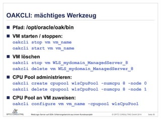 © OPITZ CONSULTING GmbH 2014 Seite 50WebLogic Server auf ODA: Erfahrungsbericht aus einem Kundenprojekt
OAKCLI: mächtiges Werkzeug
 Pfad: /opt/oracle/oak/bin
 VM starten / stoppen:
oakcli stop vm vm_name
oakcli start vm vm_name
 VM löschen
oakcli stop vm WLS_mydomain_ManagedServer_8
oakcli delete vm WLS_mydomain_ManagedServer_8
 CPU Pool administrieren:
oakcli create cpupool wlsCpuPool -numcpu 8 -node 0
oakcli delete cpupool wlsCpuPool -numcpu 8 -node 1
 CPU Pool an VM zuweisen:
oakcli configure vm vm_name -cpupool wlsCpuPool
 