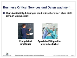 © OPITZ CONSULTING GmbH 2014 Seite 6WebLogic Server auf ODA: Erfahrungsbericht aus einem Kundenprojekt
Business Critical Services und Daten wachsen!
 High-Availability-Lösungen sind wünschenswert aber nicht
einfach umzusetzen!
Kompliziert
und teuer
Spezielle Fähigkeiten
sind erforderlich
 