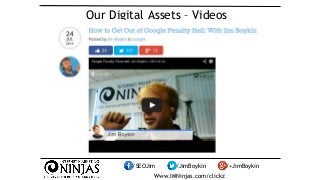 Our Digital Assets – Videos 
/SEOJim /JimBoykin /+JimBoykin 
Www.IMNinjas.com/clickz 
 