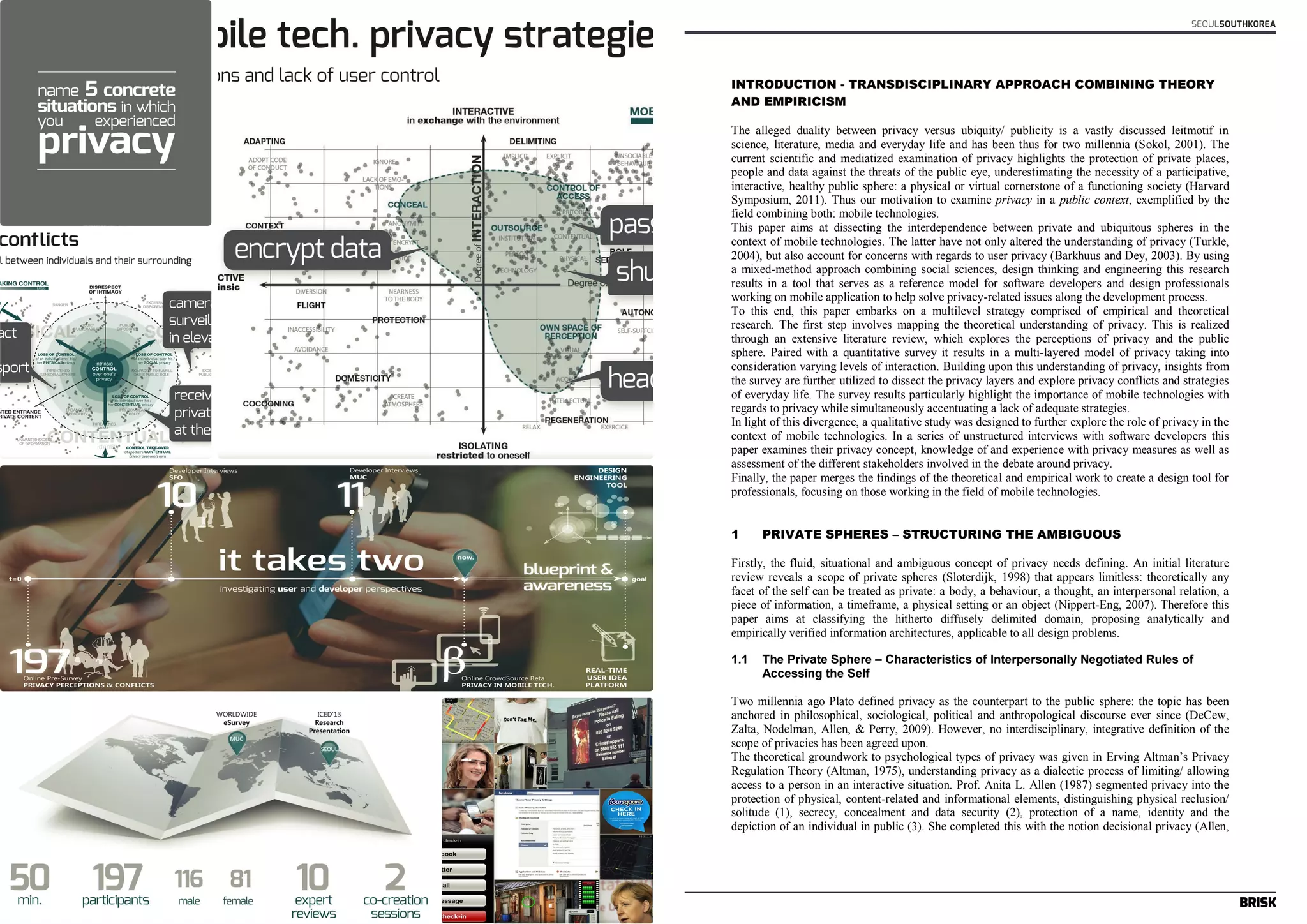 SEOULSOUTHKOREA 
INTRODUCTION - TRANSDISCIPLINARY APPROACH COMBINING THEORY 
AND EMPIRICISM 
The alleged duality between privacy versus ubiquity/ publicity is a vastly discussed leitmotif in 
science, literature, media and everyday life and has been thus for two millennia (Sokol, 2001). The 
current scientific and mediatized examination of privacy highlights the protection of private places, 
people and data against the threats of the public eye, underestimating the necessity of a participative, 
interactive, healthy public sphere: a physical or virtual cornerstone of a functioning society (Harvard 
Symposium, 2011). Thus our motivation to examine privacy in a public context, exemplified by the 
field combining both: mobile technologies. 
This paper aims at dissecting the interdependence between private and ubiquitous spheres in the 
context of mobile technologies. The latter have not only altered the understanding of privacy (Turkle, 
2004), but also account for concerns with regards to user privacy (Barkhuus and Dey, 2003). By using 
a mixed-method approach combining social sciences, design thinking and engineering this research 
results in a tool that serves as a reference model for software developers and design professionals 
working on mobile application to help solve privacy-related issues along the development process. 
To this end, this paper embarks on a multilevel strategy comprised of empirical and theoretical 
research. The first step involves mapping the theoretical understanding of privacy. This is realized 
through an extensive literature review, which explores the perceptions of privacy and the public 
sphere. Paired with a quantitative survey it results in a multi-layered model of privacy taking into 
consideration varying levels of interaction. Building upon this understanding of privacy, insights from 
the survey are further utilized to dissect the privacy layers and explore privacy conflicts and strategies 
of everyday life. The survey results particularly highlight the importance of mobile technologies with 
regards to privacy while simultaneously accentuating a lack of adequate strategies. 
In light of this divergence, a qualitative study was designed to further explore the role of privacy in the 
context of mobile technologies. In a series of unstructured interviews with software developers this 
paper examines their privacy concept, knowledge of and experience with privacy measures as well as 
assessment of the different stakeholders involved in the debate around privacy. 
Finally, the paper merges the findings of the theoretical and empirical work to create a design tool for 
professionals, focusing on those working in the field of mobile technologies. 
1 PRIVATE SPHERES – STRUCTURING THE AMBIGUOUS 
Firstly, the fluid, situational and ambiguous concept of privacy needs defining. An initial literature 
review reveals a scope of private spheres (Sloterdijk, 1998) that appears limitless: theoretically any 
facet of the self can be treated as private: a body, a behaviour, a thought, an interpersonal relation, a 
piece of information, a timeframe, a physical setting or an object (Nippert-Eng, 2007). Therefore this 
paper aims at classifying the hitherto diffusely delimited domain, proposing analytically and 
empirically verified information architectures, applicable to all design problems. 
1.1 The Private Sphere – Characteristics of Interpersonally Negotiated Rules of 
Accessing the Self 
Two millennia ago Plato defined privacy as the counterpart to the public sphere: the topic has been 
anchored in philosophical, sociological, political and anthropological discourse ever since (DeCew, 
Zalta, Nodelman, Allen, & Perry, 2009). However, no interdisciplinary, integrative definition of the 
scope of privacies has been agreed upon. 
The theoretical groundwork to psychological types of privacy was given in Erving Altman’s Privacy 
Regulation Theory (Altman, 1975), understanding privacy as a dialectic process of limiting/ allowing 
access to a person in an interactive situation. Prof. Anita L. Allen (1987) segmented privacy into the 
protection of physical, content-related and informational elements, distinguishing physical reclusion/ 
solitude (1), secrecy, concealment and data security (2), protection of a name, identity and the 
depiction of an individual in public (3). She completed this with the notion decisional privacy (Allen, 
 