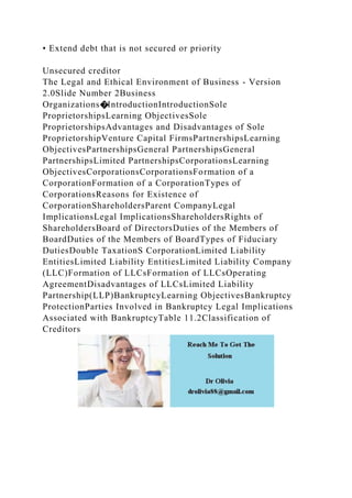 • Extend debt that is not secured or priority
Unsecured creditor
The Legal and Ethical Environment of Business - Version
2.0Slide Number 2Business
Organizations�IntroductionIntroductionSole
ProprietorshipsLearning ObjectivesSole
ProprietorshipsAdvantages and Disadvantages of Sole
ProprietorshipVenture Capital FirmsPartnershipsLearning
ObjectivesPartnershipsGeneral PartnershipsGeneral
PartnershipsLimited PartnershipsCorporationsLearning
ObjectivesCorporationsCorporationsFormation of a
CorporationFormation of a CorporationTypes of
CorporationsReasons for Existence of
CorporationShareholdersParent CompanyLegal
ImplicationsLegal ImplicationsShareholdersRights of
ShareholdersBoard of DirectorsDuties of the Members of
BoardDuties of the Members of BoardTypes of Fiduciary
DutiesDouble TaxationS CorporationLimited Liability
EntitiesLimited Liability EntitiesLimited Liability Company
(LLC)Formation of LLCsFormation of LLCsOperating
AgreementDisadvantages of LLCsLimited Liability
Partnership(LLP)BankruptcyLearning ObjectivesBankruptcy
ProtectionParties Involved in Bankruptcy Legal Implications
Associated with BankruptcyTable 11.2Classification of
Creditors
 
