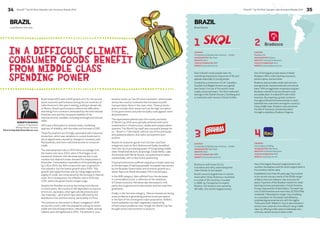 34 BrandZ™ Top 50 Most Valuable Latin American Brands 2014 35 
BRAZIL BRAZIL 
1 
COMPANY 
Companhia de Bebidas das Américas – AmBev 
HEADQUARTERS São Paulo 
INDUSTRY Beer 
YEAR OF FOUNDATION 1967 
WEBSITE www.skol.com.br 
COMPANY 
Bradesco SA 
HEADQUARTERS Osasco 
INDUSTRY Financial Institutions 
YEAR OF FOUNDATION 1943 
WEBSITE www.bradesco.com.br 
3 4 
BrandZ™ Top 50 Most Valuable Latin American Brands 2014 
Local Market Overview Brand Stories 
Skol is Brazil’s most popular beer. Its 
marketing emphasizes enjoyment of life and 
appeals especially to young people. 
Created by a consortium of UK, Canadian, 
Swedish and Belgian brewers as a global 
beer brand, it is one of the world’s most 
widely consumed beers. The Skol trademark 
belongs to the Danish brewery Carlsberg and 
is marketed under license in Brazil AmBev. 
Itaú is the largest financial conglomerate in the 
southern hemisphere and the tenth-largest bank in 
the world by market value 
Established more than 65 years ago, Itaú evolved 
to its current size as a result of the 2008 merger 
of Banco Itaú and Unibanco. Itaú accounts for 
about 11 percent of the Brazilian market for retail 
banking services and operates in South America, 
Europe, Asia and the United States. The bank has 
over 5,000 branches and more than 32,700 ATMs 
worldwide. Following the merger, Itaú is building 
on a reputation for innovation and efficiency, 
emphasizing personal service with the tagline 
“Feito para Você” (Made for You). It also intends to 
attract new customers from Brazil’s rising middle 
class, by offering credit cards to individuals who, 
until now, lacked access to bank credit. 
Brahma is well known for its 
innovative and witty advertising that 
relies heavily on sex appeal 
Brazil’s second-largest beer in market 
share (after Skol), Brahma is marketed 
in a total of 30 countries. Founded 
in 1888, by Companhia Cervejaria 
Brahma, the brand is now owned by 
AB InBev, the world’s largest brewer. 
COMPANY 
Itaú Unibanco Holding 
HEADQUARTERS São Paulo 
INDUSTRY Financial Institutions 
YEAR OF FOUNDATION 1945 
WEBSITE www.itau.com.br 
COMPANY 
Companhia de Bebidas das Américas – AmBev 
HEADQUARTERS São Paulo 
INDUSTRY Beer 
YEAR OF FOUNDATION 1888 
WEBSITE www.brahma.com.br 
2 
One of the largest private banks in Brazil, 
Bradesco offers online banking, insurance, 
pension plans, and annuities. 
Bradesco also provides credit card services, 
savings bonds, and personal and commercial 
loans. With an aggressive expansion program, 
Bradesco intends to become Brazil’s most 
accessible bank. It ended 2011 with 4,634 
branches. By acquiring a greater presence 
throughout Brazil the brand intends to reach 
potential new customers among the country’s 
rising middle class. Bradesco also pioneered 
the sale of insurance and pension plans 
through a subsidiary, Bradesco Seguros. 
In A Difficult Climate, 
Consumer Goods Benefit 
From Middle Class 
Spending Power 
Brazil ended 2013 with a GDP growth of 2.3%, the second 
worst economic performance among the six countries of 
Latin America in this year’s ranking, putting it ahead only 
of Mexico. Brazil’s performance reflects the difficulties 
stemming from a scenario dominated by the international 
financial crisis and the increased volatility of the 
macroeconomic variables, including exchange and interest 
rates. 
2013 saw a fluctuation in activity levels, combining 
quarters of stability, with decrease and increase in GDP. 
These fluctuations are strongly associated with industrial 
production, which saw variations in output levels due to 
stock adjustments caused by changes in monetary and 
fiscal policies, and more restricted access to consumer 
credit. 
The unemployment rate in 2013 fell to an average 5.4%, 
the lowest rate since 2003, when it first began to be 
measured. However, this decrease was not due to job 
creation but related to lower demand for employment in 
December. Consumption expenditure of households grew 
by 2.3% in 2013, the 10th consecutive year of growth in 
this indicator, but the lowest growth since 2003. This 
growth was supported last year by rising wages and the 
supply of credit, but constrained by the increase in interest 
rates. As a consequence, the inflation rate in 2013 was 
5.91%, below the government’s target range. 
Despite the Brazilian economy becoming more diverse 
in recent years, the country is still dependent on exports 
of iron ore, soy beans, other agricultural products and 
raw materials – all of which have been affected by the 
slowdown in the world economy, particularly in China. 
The protests on the streets in Brazil, instigated in 2012 
across the country with the population asking for better 
public services (transportation, education, health, among 
others), were strengthened in 2013. The protest in June 
became known as “the 20 cents revolution”, when people 
across the country contested the increases in public 
transportation fares in the main cities. These protests 
grew to include other issues such as the high corruption 
in the government and police brutality used against some 
demonstrators. 
The expectations placed upon the country as hosts 
of World Cup 2014 were partially achieved with some 
investments in infrastructure, stadia and transportation 
systems. The World Cup itself was successful (except for 
us – Brazil 1 x 7 Germany!), without any of the previously 
anticipated problems, and visitor perceptions were 
positive. 
Brands of consumer goods from the beer and food 
categories, such as Skol, Brahma and Sadia, benefited 
from the rise in purchasing power of the growing middle 
class. Retail brands such as Ipiranga, Casas Bahia, Lojas 
Americanas and Pão de Açúcar, increased brand values 
substantially, with a clear brand positioning. 
Financial Institutions suffered a big drop in brand value due 
to the decrease of banking spreads, increased intervention 
by the Brazilian Government and economic growth as a 
whole. Banco do Brasil decreased 70% in brand value. 
In the B2B category, Vale suffered from the decrease 
in commodities prices, a reflection of the slowdown 
of China’s economy. Petrobras also decreased in 44%, 
partly due to government intervention and low cash flow 
generation. 
Finally, in the Services category, Telecom brands are facing 
some problems in generating positive brand perception 
in the face of the convergence value proposition. Airlines’ 
brand evaluation has been negatively impacted by 
infrastructure problems, even though the World Cup has 
brought some improvements to airports. 
ROBERTO DE NAPOLI 
Director of Operations 
Millward Brown Vermeer 
Roberto.Napoli@millwardbrown.com 
 