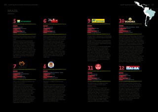 36 BrandZ™ Top 50 Most Valuable Latin American Brands 2014 
BrandZ™ Top 50 Most Valuable Latin American Brands 2014 37 
BRAZIL 
Brand Stories 
9 10 
12 
COMPANY 
Grupo Pão de Açúcar 
HEADQUARTERS São Paulo 
INDUSTRY Retail 
YEAR OF FOUNDATION 1957 
WEBSITE www.casasbahias.com.br 
A retail chain specializing in furniture and 
home appliances, Casas Bahia was acquired 
in December 2009, by Grupo Pão de Açúcar. 
The acquisition positions the company to 
benefit from spending by Brazil’s rising 
middle class. Since its establishment, in 
1957, Casas Bahia has appealed to low-income 
customers with store credit and 
a reputation for quality and affordability. 
By 2010, Casas Bahia reached customers 
throughout Brazil, with more than 500 
stores and a web presence 
11 
COMPANY 
BRF – Brasil Foods SA 
HEADQUARTERS Itajaí 
INDUSTRY Food 
YEAR OF FOUNDATION 1934 
WEBSITE www.perdigao.com.br 
The 2009 merger of Perdigão and Sadia 
into BRF, created the world’s largest 
poultry company. 
Perdigão is one of Brazil’s largest food 
producers, specializing in frozen and chilled 
products. Its range of about 3,000 items is 
distributed throughout Brazil and to more 
than 100 countries. The company’s scale 
enables it to pursue a low-cost producer 
strategy. Established in 1934, as Brandalise, 
Ponzonie & Cie, the company changed its 
name to Perdigão SA in 1958. It began 
exporting in 1975 and went public in 1980. 
Established in 1853, Bohemia enjoys the distinction 
of being the oldest beer brand in Brazil as well as 
the leader in the premium segment thanks to a 
strategy of limiting distribution to select locations 
and introducing limited edition offers. The Bohemia 
brand is available in four variations, including wheat 
and dark beers, which were introduced last year. 
Bohemia was acquired by fellow Brazilian brewer 
Antarctica Paulista in 1961. The brand became part 
of an even larger brewer in 1999 when Antarctica 
Paulista and Brahma brewery merged to created 
AmBev. Then in 2004, Belgium-based InterBrew 
acquired a majority interest in AmBev to form 
a new global brewing giant known as InBev. 
Another major merger in 2008 between InBev and 
Anheuser Busch resulted in Bohemia becoming 
part of a still larger company known as Anheuser- 
Busch InBev whose shares are traded on the New 
York Stock Exchange under the symbol BUD. 
Ipiranga is Brazil’s largest private fuel distribution 
company, with a network of approximately 6,700 
service stations. 
Ipiranga is a brand well known among Brazilians 
with the slogan “Passionate about car like every 
Brazilian” (in Portuguese” Apaixonados por carro, 
como todo brasileiro”). 
After expanding in rural Brazil during the 1960s 
and 70s, Ipiranga became a national brand 
through its acquisition of Atlantic in 1993. In 
2008, Grupo Ultra bought both Ipiranga (in 
most regions), and Texaco, as Chevron was 
known in Brazil, and began to consolidate the 
gas stations under the Ipiranga banner. Because 
the brand name enjoys strong equity, it plays a 
role in swaying consumer decisions in a highly 
commoditized category where convenience is 
often the key driver. 
COMPANY 
Companhia de Bebidas das Américas – AmBev 
HEADQUARTERS São Paulo 
INDUSTRY Beer 
YEAR OF FOUNDATION 1853 
WEBSITE www.bohemia.com.br 
COMPANY 
Ultra Group 
HEADQUARTERS São Paulo 
INDUSTRY Retail 
YEAR OF FOUNDATION 1937 
WEBSITE www.ipiranga.com.br 
7 
6 
Natura is Brazil’s leading manufacturer and 
marketer of cosmetics. 
Formed in 1969 and first publicly traded 
in 2004, Natura has used a direct sales 
approach for more than 30 years, and now 
has more than 800,000 sales representatives 
(“consultants”) in Argentina, Brazil, Chile, 
Colombia, France, Mexico, and Peru. One of 
the first cosmetics companies to market 
natural and environmentally friendly 
products, Natura has a reputation for social 
responsibility. The company is also known for 
its emphasis on research and development 
and its use of ordinary people rather than 
supermodels in its advertisements. 
Sadia is a leading producer of processed and 
frozen foods such as hamburger patties and 
pizza. It exports to more than 65 countries. 
Founded in 1944 and listed on the stock 
market in 1971 as Sadia Concórdia SA 
Indústria e Comércio, Sadia also produces 
dairy products and serves both consumers 
and commercial customers, including fast-food 
chains. Sadia is part of BRF - Brasil 
Foods SA, a public company formed in 
2009 by the merger of Sadia with another 
food giant, Perdigão (see no. 11). Exporting 
activities began in the 1970s with the sale 
of frozen halal-certified chicken to the 
Middle East. 
COMPANY 
Natura Cosméticos SA 
HEADQUARTERS Itapecerica da Serra 
INDUSTRY Cosmetics 
YEAR OF FOUNDATION 1969 
WEBSITE www.natura.com.br 
COMPANY 
BRF – Brasil Foods SA 
HEADQUARTERS Itajaí 
INDUSTRY Food 
YEAR OF FOUNDATION 1944 
WEBSITE www.sadia.com.br 
8 
5 
Antarctica is a leading Brazilian beer and 
soft drink. 
Launched in 1885 in São Paulo, Antarctica 
adopted the image of two penguins as its logo 
in 1935. It continues to symbolize the brand. 
Antarctica beer is positioned as “the beer for 
the good moments of life.” Antarctica’s most 
popular soft drink is a soda called Guaraná 
made from the tropical Guaraná berry. In 
1999, Antarctica combined with Brazil’s other 
large beer brand, Brahma, to form AmBev, 
which subsequently joined with Belgium’s 
Interbrew, becoming the world’s largest beer 
marketer, now called AB InBev 
Petrobras is Latin America’s largest company 
and the third-largest energy company in the 
world. 
Controlled by the Brazilian government, 
Petrobras is publicly traded and operates in 
28 countries. The brand is highly regarded 
for its deep-sea exploration and is credited 
with enabling Brazil to achieve energy self-sufficiency. 
The company also operates oil 
refineries and a network of gas stations. This 
national presence contributes to the brand’s 
stature in Brazil, which is also enhanced by 
its reputation for social responsibility and 
high-profile sponsorships of sporting and 
cultural events. 
COMPANY 
Companhia de Bebidas das Américas – AmBev 
HEADQUARTERS São Paulo 
INDUSTRY Beer 
YEAR OF FOUNDATION 1885 
WEBSITE www.antarctica.com.br 
COMPANY 
Petróleo Brasileiro SA 
HEADQUARTERS Rio de Janeiro 
INDUSTRY Energy 
YEAR OF FOUNDATION 1953 
WEBSITE www.petrobras.com 
 