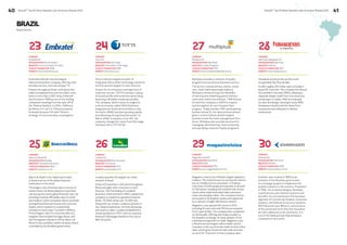 40 BrandZ™ Top 50 Most Valuable Latin American Brands 2014 41 
27 28 
COMPANY 
São Paulo Alpargatas SA 
HEADQUARTERS São Paulo 
INDUSTRY Fashion 
YEAR OF FOUNDATION 1907 
WEBSITE www.havaianas.com 
30 
BrandZ™ Top 50 Most Valuable Latin American Brands 2014 
BRAZIL 
Brand Stories 
Havaianas produces the world’s most 
recognizable flip-flop sandals. 
It sells roughly 200 million pairs annually in 
about 80 countries. The company introduced 
the sandals in the early 1960s, adopting a 
Japanese design made from rice straw and 
producing it in rubber. With an emphasis 
on color and design, starting in early 1990, 
Havaianas transformed the shoes from 
inexpensive and utilitarian to fashion 
statements. 
Multiplus provides a network of loyalty 
programs across diverse business sectors. 
The sectors include airlines, hotels, rental 
cars, retail, banking and gas stations. 
Multiplus members enjoy the flexibility 
of earning and redeeming points without 
restriction within the network. TAM Airlines 
formed the company in 2009 to expand 
and strengthen its own frequent flyer 
program. Today, besides TAM, participating 
brands include Oi, the telecommunications 
giant, Livraria Cultura, Brazil’s largest 
bookstore and the hotel management firm, 
Accor. Multiplus also provides services for 
managing, administering, interconnecting 
and operating customer loyalty programs. 
Embraer was created in 1969 as an 
initiative of the Brazilian government 
in a strategic project to implement the 
aviation industry in the country. Privatized 
in 1994, the company designs, develops, 
manufactures and markets systems and 
aircrafts. Its core business is the business 
segment of Commercial Aviation, Executive 
Aviation, and Defense & Security Systems. 
With factories and offices in various parts 
of the world and more than five thousand 
aircrafts delivered on all continents, it is 
one of the leading exporting aerospace 
companies in the world. 
COMPANY 
Multiplus SA 
HEADQUARTERS São Paulo 
INDUSTRY Loyalty Programs 
YEAR OF FOUNDATION 2010 
WEBSITE www.multiplusfidelidade.com.br 
COMPANY 
Embraer SA 
HEADQUARTERS São Paulo 
INDUSTRY Aviation 
YEAR OF FOUNDATION 1969 
WEBSITE www.embraer.com.br 
29 
COMPANY 
Magazine Luiza SA 
HEADQUARTERS São Paulo 
INDUSTRY Retail 
YEAR OF FOUNDATION 1957 
WEBSITE www.magazineluiza.com.br 
Magazine Luiza is one of Brazil’s largest appliance 
retailers. The chain focuses on serving the nation’s 
low-to-middle income consumers. It employs 
more than 21,000 people and operates a network 
of 728 stores, including 103 small format virtual 
stores where sales associates help customers 
order merchandise online. The company’s stores 
are located in 16 Brazilian states and supported 
by a network of eight distribution centers. 
Magazine Luiza opened 124 stores in 2011, 
including 24 new units and 100 stores acquired 
from Lojas do Báu. The company also completed 
an initial public offering with shares traded on 
the Brazilian exchange. An early adopter of the 
multichannel approach to retail, Magazine Luiza 
is Brazil’s second largest online retailer and an 
innovator in the use of social media to drive online 
sales, which grew 40 percent last year and now 
account for 11 percent of total company sales. 
COMPANY 
Embratel SA 
HEADQUARTERS Rio de Janeiro 
INDUSTRY Communication Providers 
YEAR OF FOUNDATION 1998 
WEBSITE www.embratel.com.br 
25 
COMPANY 
Banco do Brasil SA 
HEADQUARTERS Brasília 
INDUSTRY Financial Institutions 
YEAR OF FOUNDATION 1908 
WEBSITE www.bb.com.br 
Banco do Brasil is the oldest active bank 
in Brazil and one of the oldest financial 
institutions in the world. 
The largest Latin American bank in terms of 
assets, Banco do Brasil played an important 
role during the recent global financial crisis. By 
providing credit at affordable rates to small 
and medium-sized companies, Banco do Brasil 
strengthened financial results and customer 
loyalty, which resulted in a substantial 
increase in brand value. Founded in 1808 by 
Prince Regent João VI to fund the debt of a 
kingdom that included Portugal, Brazil, and 
the Portuguese colonies in Africa, Banco do 
Brasil is now a publicly traded company that is 
controlled by the Brazilian government. 
24 
COMPANY 
Totvs SA 
HEADQUARTERS São Paulo 
INDUSTRY Information Technology 
YEAR OF FOUNDATION 1969 
WEBSITE www.totvs.com 
Totvs is Brazil’s largest provider of 
integrated information technology solutions 
and the second-largest in Latin America. 
Known for its innovation and high level of 
customer service, TOTVS has been raising 
its brand profile with extensive advertising 
featuring a Brazilian media personality. 
The company, which traces its origins to 
a service bureau called SIGA (Sistemas 
Integrados de Gerência Automática Ltda, 
formed in 1969), has been growing rapidly 
and delivering strong financial results. In 
March 2006, in advance of an IPO, the 
company changed its name from Microsiga 
Software SA to TOTVS SA. 
26 
COMPANY 
Localiza SA 
HEADQUARTERS Belo Horizonte 
INDUSTRY Car Rental 
YEAR OF FOUNDATION 1973 
WEBSITE www.localiza.com 
Localiza operates the largest car rental 
network in Brazil. 
It has 422 branches in 246 cities throughout 
Brazil and eight other countries in Latin 
America. The franchising of Localiza’s 
branches, which started in 1983, enabled the 
company to expand its operations beyond 
Brazil. The fleet totals over 72,000 cars. 
Along with car rentals, Localiza is present in 
two related businesses: commercial leasing 
and used car sales. Localiza established its 
rental operations in 1973, with six used and 
financed Volkswagen Beetles in the city of 
Belo Horizonte. 
23 
Embratel is Brazil’s second-largest 
telecommunication company, offering voice 
and data service, internet and pay TV. 
Present throughout Brazil, with about five 
million broadband lines and six million voice 
lines in more than 4,000 cities, Embratel 
was formed in 1998 as one of the holding 
companies resulting from the spin-off of 
the Telebras System. In 2004, Teléfonos 
de México S.A. de C.V. (Telmex) acquired 
Embratel because it fit with Telmex’s 
strategy of communication convergence. 
 