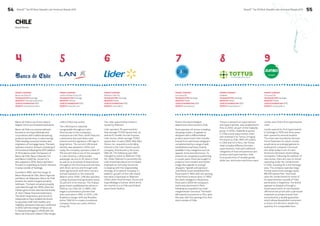 54 BrandZ™ Top 50 Most Valuable Latin American Brands 2014 
BrandZ™ Top 50 Most Valuable Latin American Brands 2014 55 
CHILE 
Brand Stories 
4 6 7 8 9 
Banco de Chile is one of the nation’s 
largest full service financial institutions. 
Banco de Chile is a commercial bank 
focused on serving individuals and 
corporations with traditional banking 
products and services, it ranks among 
Chile’s leading consumer lenders and 
originators of mortgage loans. The bank 
operates a branch network consisting of 
441 locations following the 2011 addition 
of 25 locations under the banners of 
Banco de Chile, Banco Edwards-Citi 
and Banco CrediChile. As part of a 
plan adopted in 2010, Banco deChile is 
focused on expanding its branch network 
in areas outside of Santiago. 
Founded in 1893, with the merger of 
Banco Nacional de Chile, Banco Agricola 
and Banco de Valparaiso, Banco de Chile 
became the nation’s largest privately 
held bank. The bank remained privately 
controlled through the 1970s when the 
Chilean government asserted ownership 
of other Chilean financial institutions. 
The bank’s long history and record of 
independence have enabled the brand 
to associate itself with stability and 
reliability, attributes that were reinforced 
in 2002 with the merger of Banco de 
A. Edwards and again in 2008 with the 
Banco de Chile and Citibank Chile merger. 
Paris is the second largest 
department store brand in Chile. 
Paris operates 40 stores in leading 
shopping centers. It appeals to 
shoppers with a differentiated 
product assortment that includes 
brands from well known designers 
complemented by a range of well-established 
proprietary brands 
available in key categories such as 
apparel, home and electronics. To 
enhance its competitive positioning 
in recent years, Paris has sought to 
project a more modern and stylish 
image that appeals to younger 
shoppers. Spanish entrepreneur 
José María Couso established the 
Paris brand in 1900 with the opening 
of the Paris Furniture store. In 1950, 
the name changed to Almacenes 
Paris and in 2005 the company’s 
name was shortened to Paris 
following an acquisition by retail 
conglomerate Cencosud. The brand 
will expand its presence to Peru later 
this year with the opening of its first 
store outside of Chile. 
Tottus, a network of supermarkets 
and hypermarkets, was established in 
Peru in 2002, as part of the Falabella 
group. In 2004, Falabella acquired 
in Chile a local supermarket chain 
and renamed it as Tottus, bringing 
the brand to Chile. With 49 outlets 
in Chile and 43 in Peru, the Tottus 
chain includes different formats – 
supermarkets, that sell traditional 
categories of food and personal care 
product and hypermarkets, that 
incorporate lines of durable goods, 
white line, electronics and home ware. 
The Lider supermarket brand is 
owned by Walmart. 
Lider operates 76 supermarkets 
that average 71,000 square feet, as 
well as 67 smaller format Express 
Lider stores, which average 17,000 
square feet. In early 2009, Wal-Mart 
Stores, Inc. acquired a controlling 
interest in the Lider brand’s parent 
company, Distribución y Servicios 
D&S SA. The following year D&S 
changed its name to Walmart Chile 
SA. Under Walmart’s ownership the 
Lider brand has placed an increased 
emphasis on everyday low prices 
in keeping with the longstanding 
strategy of its parent company. In 
addition, growth of the Lider brand 
has taken a backseat to Walmart 
Chile’s other food formats, Ekono and 
SuperBodega a Cuenta, which serve 
the market in a no frills and limited 
assortment fashion. 
Jumbo was Chile’s first hypermarket 
chain. 
Jumbo opened its first hypermarket 
in Santiago in 1976 and three years 
later opened its second location. 
The chain was founded by German 
Horst Paulmann for whom Jumbo 
would serve as a steppingstone to 
build parent company Cencosud 
into what today is one of Latin 
America’s dominant retail holding 
companies. Following the addition of 
new stores, there are now 44 stores 
operating under the Jumbo brand 
in Chile, including 16 in the Santiago 
area. The company operates large 
format stores that average nearly 
89,000 square feet. Cencosud 
uses the Jumbo brand for some of 
its hypermarkets outside of Chile, 
particularly in Argentina. The brand 
appeals to shoppers through a 
broad assortment of merchandise 
offered at low prices with a particular 
emphasis on private brands that 
are backed by a double guarantee, 
which allows dissatisfied customers 
a choice of a refund or double the 
quantity of a comparable item. 
PARENT COMPANY 
Banco de Chile SA 
HEADQUARTERS Santiago 
INDUSTRY Financial Institutions 
YEAR OF FOUNDATION 1893 
WEBSITE www.bancochile.cl 
PARENT COMPANY 
Cencosud SA 
HEADQUARTERS Santiago 
INDUSTRY Retail 
YEAR OF FOUNDATION 1900 
WEBSITE www.paris.cl 
PARENT COMPANY 
Falabella 
HEADQUARTERS Santiago 
INDUSTRY Retail 
YEAR OF FOUNDATION 2002 
WEBSITE www.tottus.cl 
PARENT COMPANY 
Walmart Chile SA 
HEADQUARTERS Santiago 
INDUSTRY Retail 
YEAR OF FOUNDATION 1976 
WEBSITE www.lider.cl 
PARENT COMPANY 
Cencosud SA 
HEADQUARTERS Santiago 
INDUSTRY Retail 
YEAR OF FOUNDATION 1976 
WEBSITE www.jumbo.cl 
5 
PARENT COMPANY 
LatAm Airlines Group SA 
HEADQUARTERS Santiago 
INDUSTRY Airlines 
YEAR OF FOUNDATION 1929 
WEBSITE www.lan.com 
LAN is Chile’s top airline. 
The LAN brand is instantly 
recognizable throughout Latin 
America due to the company’s 
extensive aircraft fleet, which features 
a distinctive blue and white color 
scheme and the signature LAN logo in 
large letters. The current LAN brand 
identity was adopted in 2004 and 
today the company operates a fleet of 
150 aircraft that is one of the youngest 
in Latin America. LAN provides 
passenger service to 15 cities in Chile 
as well as to hundreds of destinations 
throughout the Americas and overseas 
with direct service and through code 
share agreements with other carriers 
and participation in the oneworld 
alliance since 2000. LAN also operates 
a cargo business that generates nearly 
30 percent of its revenue. The Chilean 
government established the airline in 
1929 as Lan Chile SA. In 1989, LAN 
began a privatization process that 
was concluded in 1994. In 2012, LAN 
finalized a merger with top Brazilian 
airline TAM SA to create a combined 
company known as LatAm Airlines 
Group SA. 
 