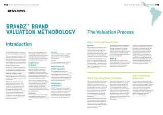 BrandZ™ Top 50 Most Valuable L 118 atin American Brands 2014 BrandZ™ Top 50 Most Valuable Latin American Brands 2014 119 
BrandZ™ Brand 
Valuation Methodology 
The brands that appear in this report 
are the most valuable in Latin America. 
They were selected for inclusion in the 
BrandZ™ Top 50 Most Valuable Latin 
American Brands based on the unique 
and objective BrandZ™ brand valuation 
methodology that combines extensive 
and on-going consumer research with 
rigorous financial analysis. 
The BrandZ™ valuation methodology 
can be uniquely distinguished from 
its competitors by the way we obtain 
consumer viewpoints. We conduct 
worldwide, on-going, in-depth 
quantitative consumer research, and 
build up a global picture of brands on a 
category-by-category and country-by-country 
basis. 
Globally, our research covers two 
million consumers and more than 
10,000 different brands in over 30 
countries. In Latin America we have 
studied 1,000 different brands in 
34 categories, totalling 54,000 
interviews. This intensive, in-market 
consumer research differentiates 
the BrandZ™ methodology from 
competitors that rely only on a panel 
of “experts” or purely financial and 
market desk research. 
Before reviewing the details of this 
methodology, consider these three 
fundamental questions: why is brand 
important; why is brand valuation 
important; and what makes BrandZ™ 
the definitive brand valuation tool? 
Importance 
of brand 
Brands embody a core promise of 
values and benefits consistently 
delivered. Brands provide clarity 
and guidance for choices made by 
companies, consumers, investors and 
other stakeholders. Brands provide 
the signposts we need to navigate the 
consumer and B2B landscapes. 
At the heart of a brand’s value is its 
ability to appeal to relevant customers 
and potential customers. BrandZ™ 
uniquely measures this appeal and 
validates it against actual sales 
performance. Brands that succeed in 
creating the greatest attraction power 
are those that are: 
MEANINGFUL 
In any category, these brands appeal 
more, generate greater “love” and 
meet the individual’s expectations and 
needs. 
DIFFERENT 
These brands are unique in a positive 
way and “set the trends,” staying 
ahead of the curve for the benefit of 
the consumer. 
SALIENT 
They come spontaneously to mind as 
the brand of choice for key needs. 
Importance of 
brand valuation 
Brand valuation is a metric that 
quantifies the worth of these powerful 
but intangible corporate assets. It 
enables brand owners, the investment 
community and others to evaluate and 
compare brands and make faster and 
better-informed decisions. 
Distinction 
of BrandZ™ 
BrandZ™ is the only brand valuation 
tool that peels away all of the financial 
and other components of brand value 
and gets to the core—how much 
brand alone contributes to corporate 
value. This core, what we call Brand 
Contribution, differentiates BrandZ™. 
Part A 
We start with the corporation. In some 
cases, a corporation owns only one 
brand. All Corporate Earnings come 
from that brand. In other cases, a 
corporation owns many brands. And we 
need to apportion the earnings of the 
corporation across a portfolio of brands. 
To make sure we attribute the correct 
portion of Corporate Earnings to each 
brand, we analyze financial information 
from annual reports and other sources, 
such as Kantar Worldpanel and Kantar 
Retail. This analysis yields a metric we 
call the Attribution Rate. 
We multiply Corporate Earnings by the 
Attribution Rate to arrive at Branded 
Earnings, the amount of Corporate 
Earnings attributed to a particular 
brand. If the Attribution Rate of a brand 
is 50 percent, for example, then half 
the Corporate Earnings are identified as 
coming from that brand. 
Part B 
What happened in the past or even 
what’s happening today is less important 
than the prospects for future earnings. 
Predicting future earnings requires 
adding another component to 
our BrandZ™ formula. This component 
assesses future earnings prospects as 
a multiple of current earnings. We call 
this component the Brand Multiple. 
It’s similar to the calculation used by 
financial analysts to determine the 
market value of stocks (Example: 6X 
earnings or 12X earnings). Information 
supplied by Bloomberg data helps us 
calculate a Brand Multiple. We take the 
Branded Earnings and multiply that 
number by the Brand Multiple to arrive 
at what we call Financial Value. 
We now have the value of the branded 
business as a proportion of the total 
value of the corporation. But this 
branded business value is still not quite 
the core that we are after. To arrive at 
Brand Value, we need to peel away a 
few more layers, such as the rational 
factors that influence the value of 
the branded business, for example: 
price, convenience, availability and 
distribution. 
Because a brand exists in the mind of 
the consumer, we have to assess the 
brand’s uniqueness and its ability to 
stand out from the crowd, generate 
desire and cultivate loyalty. We call this 
unique role played by brand, 
Brand Contribution. 
Here’s what makes BrandZ™ so unique 
and important. BrandZ™ is the only 
brand valuation methodology that 
obtains this customer viewpoint by 
conducting worldwide on-going, in-depth 
quantitative consumer research, 
online and face-to-face, building up a 
global picture of brands on a category-by- 
category and country-by-country 
basis. Our research now covers over 
two million consumers and more than 
10,000 different brands in over 
30 countries. 
Now we take the Financial Value and 
multiply it by Brand Contribution, which 
is expressed as a percentage of Financial 
Value. The result is Brand Value. Brand 
Value is the dollar amount a brand 
contributes to the overall value of a 
corporation. Isolating and measuring this 
intangible asset reveals an additional 
source of shareholder value that 
otherwise would not exist. 
Introduction 
The Valuation Process 
Step 1: Calculating Financial Value 
Step 2: Calculating Brand Contribution 
Step 3: Calculating 
Brand Value 
RESOURCES 
 