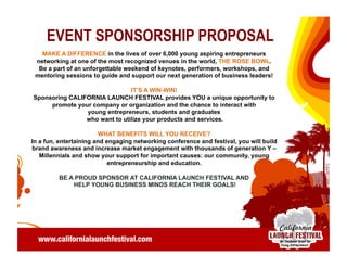 SPONSORSHIP OPPORTUNITIES
•  Event Title will be presented as: “COMPANY NAME" presents "The California Launch Festival"
• ...