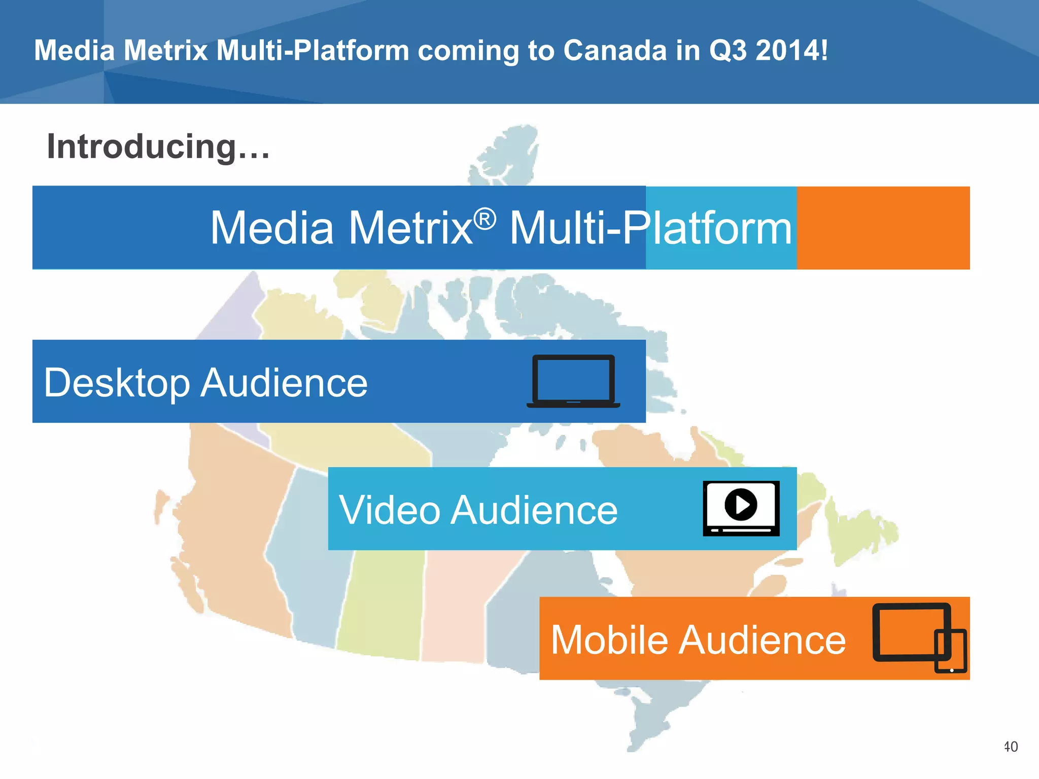 © comScore, Inc. Proprietary. 40
Media Metrix Multi-Platform coming to Canada in Q3 2014!
Desktop Audience
Video Audience
Mobile Audience
Media Metrix® Multi-Platform
Introducing…
 