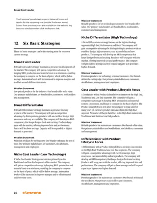 Broad Cost Leader
26
Mission Statement
Reliable products for low technology customers: Our brands offer
value. Our primary stakeholders are bondholders, stockholders,
customers and management.
Niche Differentiator (High Technology)
A Niche Differentiator strategy focuses on the high technology
segments (High End, Performance and Size). The company will
gain a competitive advantage by distinguishing its products with an
excellent design, high awareness, easy accessibility and new
products. The company will develop an RD competency that
keeps designs fresh and exciting. Products will keep pace with the
market, offering improved size and performance. The company
will price above average and will expand capacity as it generates
higher demand.
Mission Statement
Premium products for technology oriented customers: Our brands
define the cutting edge. Our primary stakeholders are customers,
stockholders, management and employees.
Cost Leader with Product Lifecycle Focus
A Cost Leader with a Product Lifecycle Focus centers on the High End,
Traditional and Low End segments. The company will gain a
competitive advantage by keeping RD, production and material
costs to a minimum, enabling it to compete on the basis of price. The
Product Lifecycle Focus will allow the company to reap sales for
many years on each new product introduced into the High End
segment. Products will begin their lives in the High End, mature into
Traditional and finish as Low End products.
Mission Statement
Reliable products for mainstream customers: Our brands offer value.
Our primary stakeholders are bondholders, stockholders, customers
and management.
Differentiator with Product
Lifecycle Focus
A Differentiator with a Product Lifecycle Focus strategy concentrates
on the High End, Traditional and Low End segments. The company
will gain a competitive advantage with excellent design, high
awareness, easy accessibility and new products. The company will
develop an RD competency that keeps designs fresh and exciting.
Products will keep pace with the market, offering improved size and
performance. The company will price above average and will expand
capacity as it generates higher demand.
Mission Statement
Premium products for mainstream customers: Our brands withstand
the test of time. Our primary stakeholders are customers,
stockholders, management and employees.
The Capstone Spreadsheet projects Balanced Scorecard
results for the upcoming year (see the Proformas menu).
Scores from previous years are available on the website; log
into your simulation then click the Reports link.
12	 Six Basic Strategies
These six basic strategies can be the starting point for your own
custom strategy.
Broad Cost Leader
A Broad Cost Leader strategy maintains a presence in all segments of
the market. The company will gain a competitive advantage by
keeping RD, production and material costs to a minimum, enabling
the company to compete on the basis of price, which will be below
average. Automation levels will be increased to improve margins and
to offset second shift/overtime costs.
Mission Statement
Low-priced products for the industry: Our brands offer solid value.
Our primary stakeholders are bondholders, customers, stockholders
and management.
Broad Differentiator
A Broad Differentiator strategy maintains a presence in every
segment of the market. The company will gain a competitive
advantage by distinguishing products with an excellent design, high
awareness and easy accessibility. The company will develop an RD
competency that keeps designs fresh and exciting. Products keep
pace with the market, offering improved size and performance.
Prices will be above average. Capacity will be expanded as higher
demand is generated.
Mission Statement
Premium products for the industry: Our brands withstand the test of
time. Our primary stakeholders are customers, stockholders,
management and employees.
Niche Cost Leader (Low Technology)
A Niche Cost Leader Strategy concentrates primarily on the
Traditional and Low End segments of the market. The company
will gain a competitive advantage by keeping RD, production and
material costs to a minimum, enabling the company to compete
on the basis of price, which will be below average. Automation
levels will be increased to improve margins and to offset second
shift/overtime costs.
 