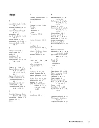 Team Member Guide 27
Index
A
Accessibility 8, 9, 12, 18,
19, 22
Accounts Payable (A/P) 15,
17
Accounts Receivable (A/R)
8, 15, 17
Actual Sales 22
Age 3, 4, 5, 8, 10, 11, 18,
19, 22
Annual Reports 2, 19
Automation 10, 13, 14, 15
Awareness 8, 9, 12, 18,
19, 22
B
Balanced Scorecard 23
Balance Sheet 15, 19
Bonds 15
Book Value 16
Business Ethics 21
Buying Criteria 3, 6, 8, 10,
18, 19, 22
C
Capacity 3, 13, 14, 15
Capstone Courier 1, 2, 5,
6, 7, 8, 9, 11, 12,
13, 16, 17, 18, 19,
21, 22
Capstone Spreadsheet 2
Cash Flow Statement 20
Computer Prediction 13,
23
Create a Sensor 10, 12
Current Debt 15, 16
Customer Survey Score 5,
6, 8, 18, 19, 22
D
December Customer Survey
Score 6, 18, 19, 22
Discontinue a Sensor 3, 14
Dividend 15, 16
Drift 4
E
Earnings Per Share (EPS) 16
Emergency Loans 16
F
Finance 2, 3, 15, 17, 23
Fine Cut
MTBF 8
Positioning 7
Price 7
Forecasting 13, 22
H
Human Resources 19, 20
I
Ideal Spot 6, 18
Income Statement 13, 15,
20
Industry Conditions Report
1, 3, 6, 7, 8
Invent a Sensor 10, 12
L
Labor Cost 13, 14, 17, 18,
20, 21
Labor Negotiations 19
Long Term Debt 15
M
Marketing 2, 3, 5, 11
Market Segment Drift 4
Market Segments 3, 4, 5,
11
Market Share 18, 19, 22
Material Cost 10, 20
Modules 2, 19, 20
MTBF (Mean Time Before
Failure) 3, 4, 5, 7,
8, 9, 10, 11, 12,
18, 22
N
New Sensor 10, 12
P
Perceptual Map 4, 5, 6,
10, 14, 18
Performance 4, 5, 6, 7,
8, 9, 10, 11, 12,
18, 22
Plug-ins 2, 19, 21
Positioning 3, 4, 5, 6, 7,
8, 9, 10, 11, 12,
18, 22
Potential Sales 18, 22
Practice Rounds 3
Price 3, 4, 5, 7, 8, 9, 18
Production 2, 3, 13, 17
Productivity Index 21
Proformas 2, 19, 23
Promotion Budget 12, 19
R
Rehearsal Tutorial 1
Reliability 3, 4, 5, 7, 8, 9,
10, 11, 12, 18, 22
Research  Development
(RD) 2, 3, 5, 10,
14
Rough Cut
MTBF 8
Positioning 7
Price 7
S
Sales Budget 12, 18, 19
Sales Forecasting 13, 22
Segment Drift 4
Segments 3, 4, 5, 11
Seller’s Market 9
Situation Analysis 21
Size 4, 5, 6, 7, 8, 9, 10,
11, 12, 18, 22
Stock 15, 16
Stock Outs 9, 18, 22
Survey Score 5, 6, 8, 18,
19, 22
T
Terminate a Sensor 3, 14
The Industry Conditions
Report 5
TQM/Sustainability 9, 20
 