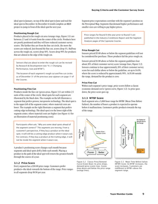 Team Member Guide
Buying Criteria and the Customer Survey Score
9
ideal spot in January, on top of the ideal spot in June and trail the
ideal spot in December. In December it would complete an RD
project to jump in front of the ideal spot for next year.
Positioning Rough Cut
Products placed in the rough cut area (orange rings, Figure 3.1) are
between 2.5 and 4.0 units from the center of the circle. Products here
are poorly positioned and they will have reduced customer survey
scores. The farther they are from the fine cut circle, the more the
scores are reduced. Just beyond the fine cut, scores drop 1%. Halfway
across the rough cut, scores drop 50%. Scores drop 99% for products
that are almost to the edge of the rough cut.
Sensors that are about to enter the rough cut can be revised
by Research  Development (see “4.1.1 Changing
Performance, Size and MTBF”).
The location of each segment’s rough cut and fine cut circles
as of December 31 of the previous year appears on page 11 of
the Courier.
Positioning Fine Cut
Products inside the fine cut (green areas, Figure 3.1) are within 2.5
units of the center of the circle. Ideal spots for each segment are
illustrated by the black dots. The example on the left illustrates a
segment that prefers proven, inexpensive technology. The ideal spot is
to the upper left of the segment center, where material costs are
lower. The example on the right illustrates a segment that prefers
cutting-edge technology. The ideal spot is to the lower right of the
segment center, where material costs are higher (see Figure 4.1 for
an illustration of material positioning costs).
Participants often ask, “Why are some ideal spots ahead of
the segment centers?” The segments are moving. From a
customer’s perspective, if they buy a product at the ideal
spot, it will still be a cutting-edge product when it wears out.
For contrast, if they buy a product at the trailing edge, it will
not be inside the segment when it wears out.
A product’s positioning score changes each month because
segments and ideal spots drift a little each month. Placing a
product in the path of the ideal spot will return the greatest benefit
through the course of a year.
3.1.2	 Price Score
Every segment has a $10.00 price range. Customers prefer
products–the ideal–towards the bottom of the range. Price ranges
in all segments drop $0.50 per year.
Figure 3.3  Mean Time Before Failure
(MTBF) Score: As MTBF increases, the
score increases. Customers are
indifferent to MTBFs above the
segment range.
Figure 3.2  Classic Price/Demand
Curve (Green Bow): As price drops,
demand (price score) rises. Scores
drop above and below the price range
(orange lines).
Segment price expectations correlate with the segment’s position on
the Perceptual Map. Segments that demand higher performance and
smaller sizes are willing to pay higher prices.
Price ranges for Round 0 (the year prior to Round 1) are
published in the Industry Conditions Report and the Segment
Analysis pages of the Capstone Courier.
Price Rough Cut
Sensors priced $5.00 above or below the segment guidelines will not
be considered for purchase. Those products fail the price rough cut.
Sensors priced $1.00 above or below the segment guidelines lose
about 20% of their customer survey score (orange lines, Figure 3.2).
Sensors continue to lose approximately 20% of their customer survey
score for each dollar above or below the guideline, on up to $4.99,
where the score is reduced by approximately 99%. At $5.00 outside
the range, demand for the product is zero.
Price Fine Cut
Within each segment’s price range, price scores follow a classic
economic demand curve (green curve, Figure 3.2): As price goes
down, the price score goes up.
3.1.3	 MTBF Score
Each segment sets a 5,000 hour range for MTBF (Mean Time Before
Failure), the number of hours a product is expected to operate
before it malfunctions. Customers prefer products towards the top
of the range.
 