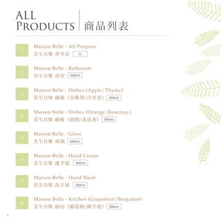 商品列表
ALL
Products
美生貝樂 智多星
Maison Belle - All Purpose
1L
1
美生貝樂 浴室
Maison Belle - Bathroom
500ml
2
美生貝樂 碗盤（青蘋果/百里香）
Maison Belle - Dishes (Apple/Thyme)
500ml
3
美生貝樂 碗盤（甜橙/迷迭香）
Maison Belle - Dishes (Orange/Rosemay)
500ml
4
美生貝樂 玻璃
Maison Belle - Glass
500ml
5
美生貝樂 護手霜
Maison Belle - Hand Cream
300ml
6
美生貝樂 洗手液
Maison Belle - Hand Wash
300ml
7
美生貝樂 廚房（葡萄柚/佛手柑）
Maison Belle - Kitchen (Grapefruit/Bergamot)
500ml
8
8
 